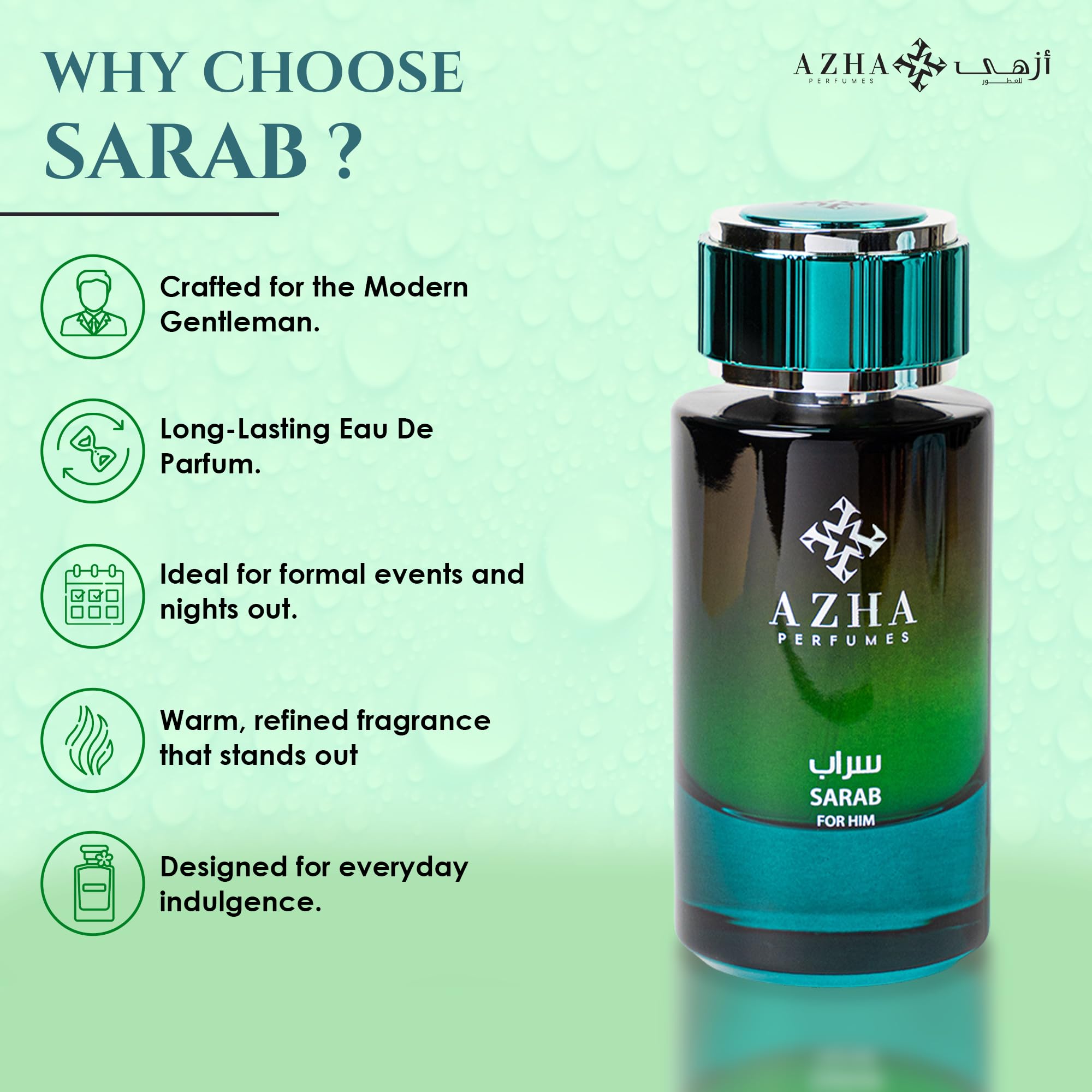 AZHA Sarab For Him Eau De Parfum Spray 100ML (3.4 OZ) Long Lasting Arabian Perfume For Men - A Captivating Fusion of Floral & Woody Notes with Peach & Ambergris Richness - Premium Perfume Men