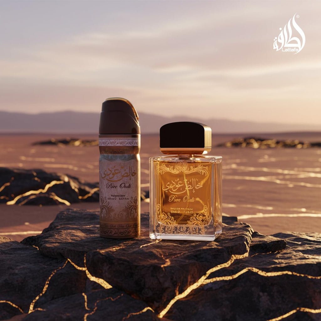 Lattafa Perfumes Pure Oudi (Khalis Oudi) 2 Piece Set for Unisex (3.4 Ounce Eau de Parfum Spray + 1.7 Ounce Perfumed Body Spray)
