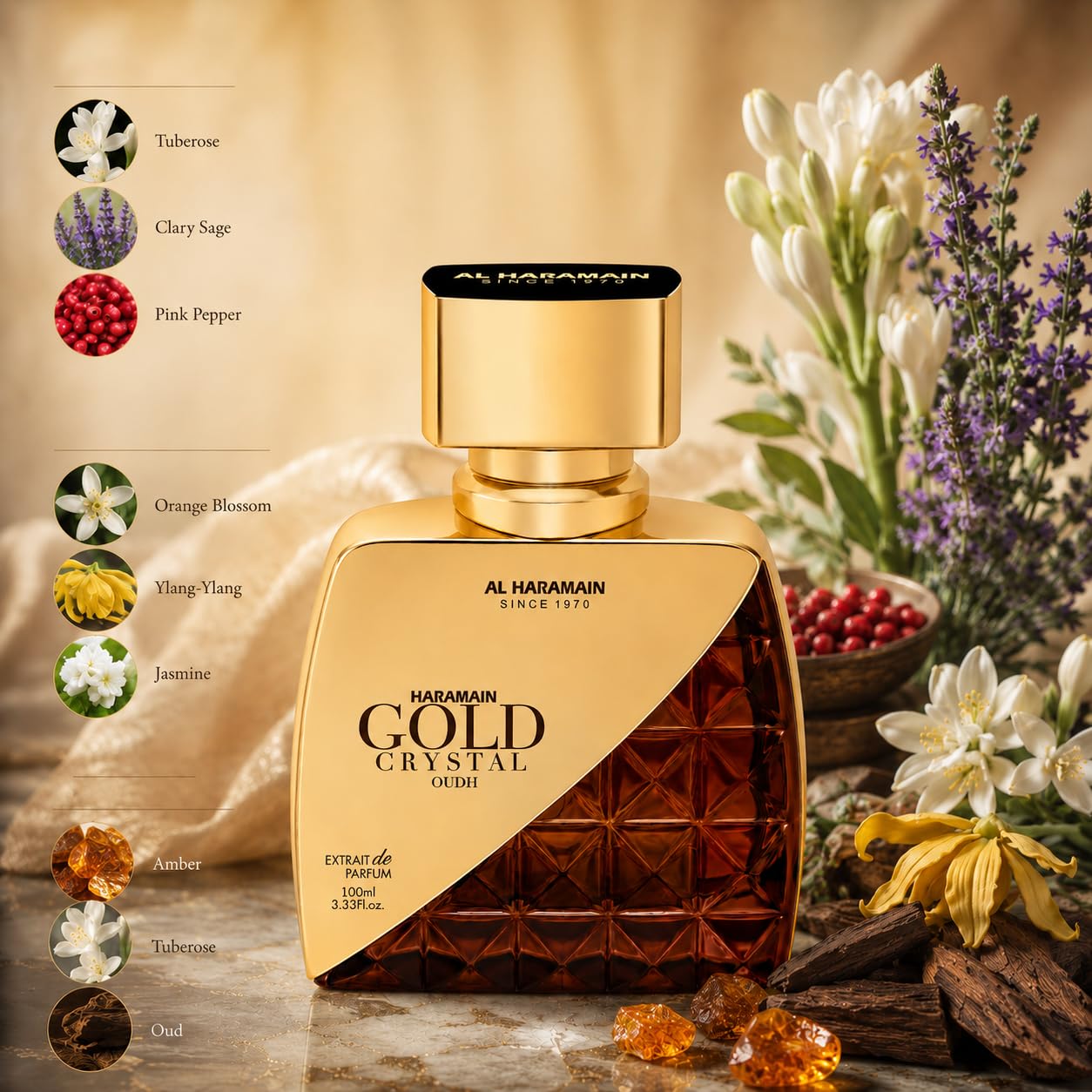Al Haramain Gold Crystal Oudh Extrait de Parfum Spray for Men, 3.4 Ounce
