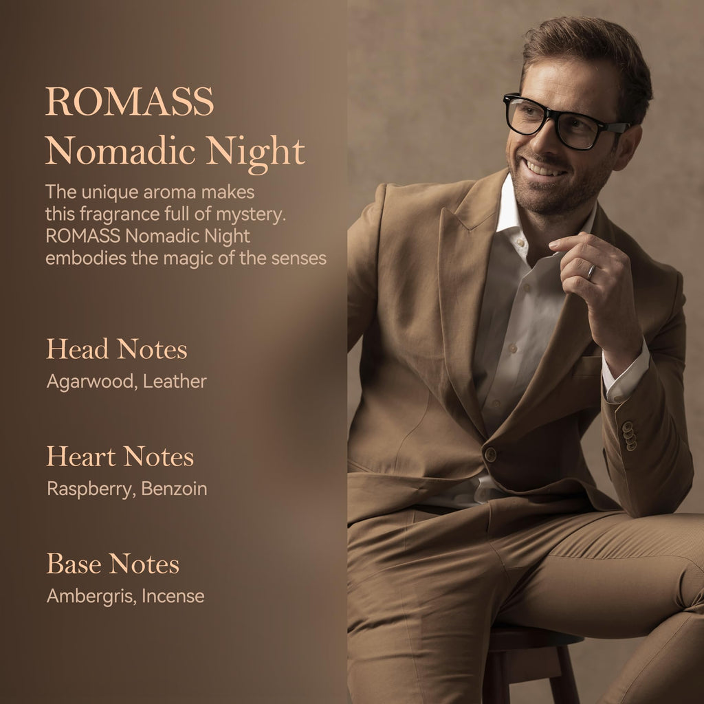 ROMASS Nomadic Night Long Lasting Unisex Oud Perfume - 3.4oz/100ml Eau de Parfum, Warm Woody Scent with Smoked Oud, Desert Sage, Rose & Raspberry, Gift for Men Women
