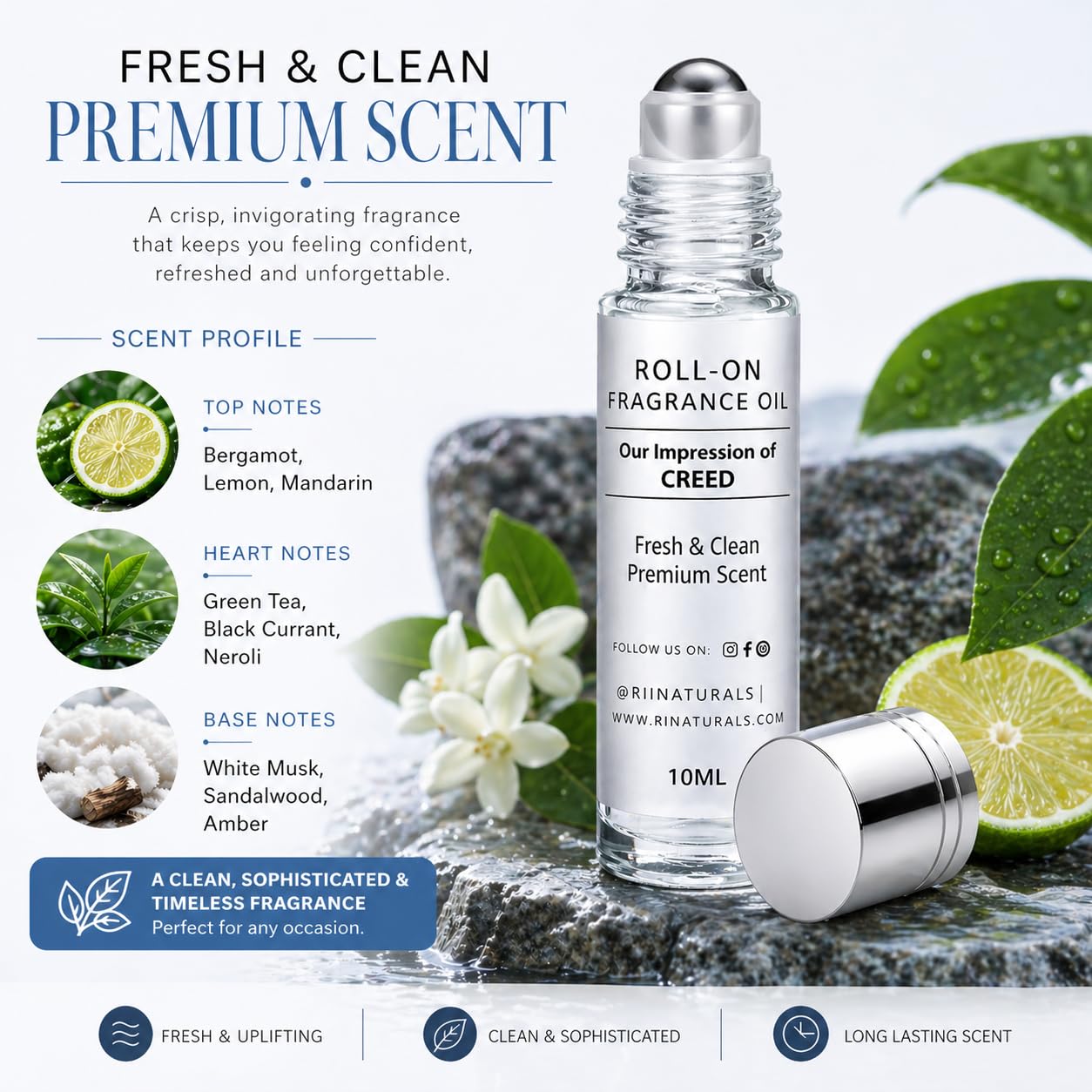Silver Mountains of Water Creed Type Roll-On Fragrance Oil, Long Lasting Perfume Oil for Men & Women, Alcohol Free, 10ml Glass Bottle