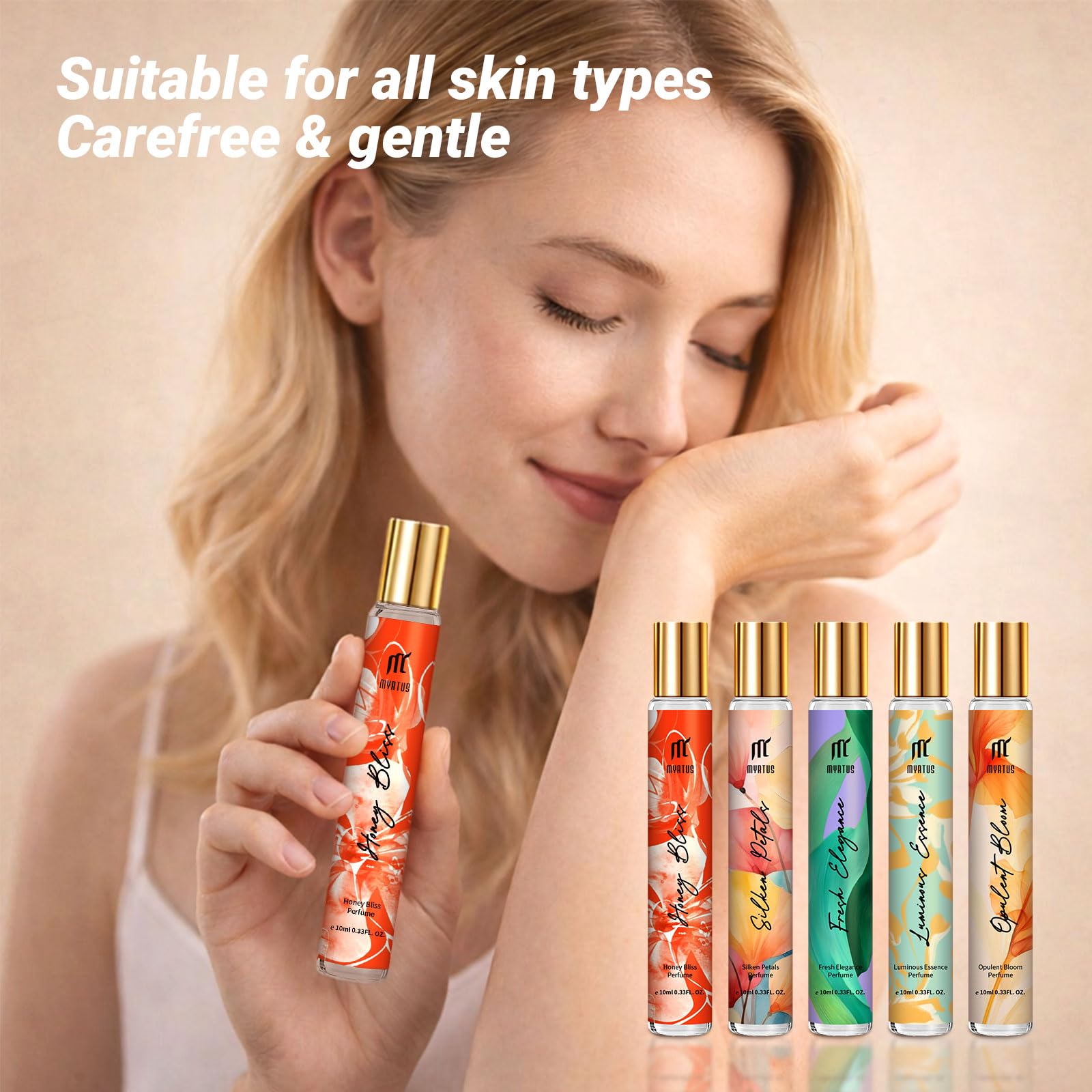 MYRTUS Long Lasting Perfume for Women, 0.33 fl.oz Gourmand Oriental Fragrance in Glass Bottle, Portable Roll On Eau de Parfum for Day & Night Alcohol Free Perfumes