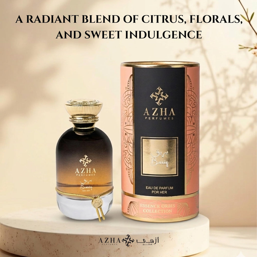 Azha Perfumes Essence Orbis Bariq Eau de Parfum for Women, 3.4 Fl Oz / 100 mL, Long Lasting Arabian Perfume Spray, Citrus Gourmand Vanilla Fragrance with Tangerine, Orange, Lemon, Luxury Scent