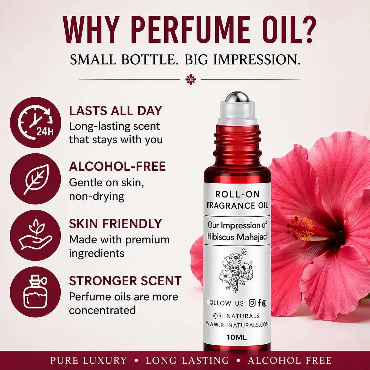Rii Naturals Hibiscus Mahajad Type Roll-On Perfume Fragrance Oil, 10ML Glass Bottle