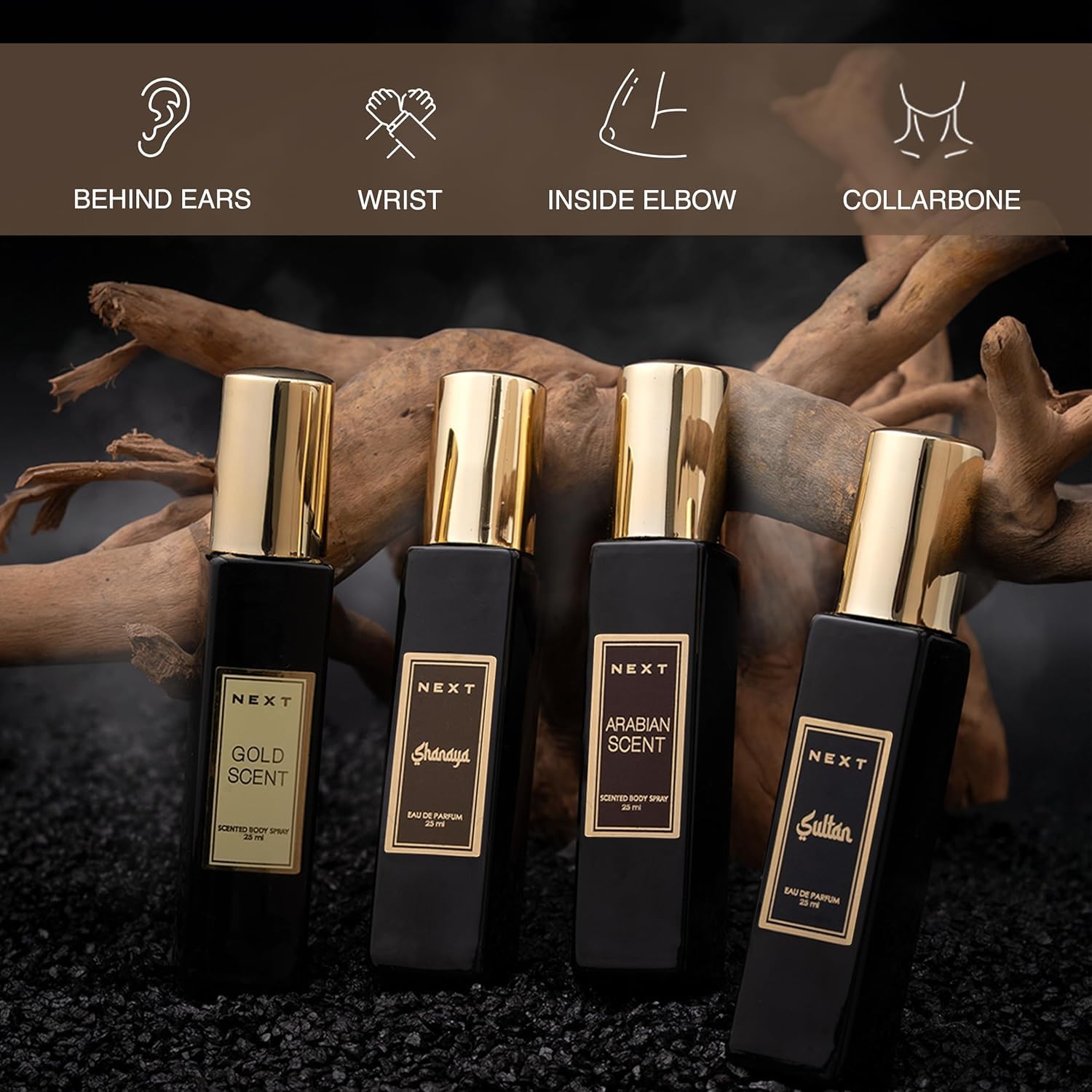 Next Care Sultan, Arabian Scent, Gold Scent & Shanaya Eau de Parfum – 25 ml Each (Pack of 4) | Long Lasting Scented Body Spray Set with Mineral Woody, Oud Rich Spicy, Amber & Floral Notes |