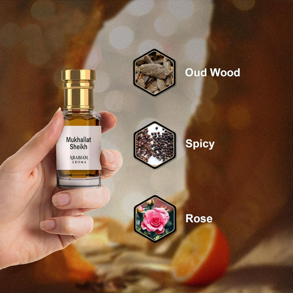 RF Arabian Mukh.allat Sheikh Attar | Woody Oud & Rose Fragrance | Alcohol-Free, Long-Lasting | 100% Pure Perfume | Ittar For Men & Women | Fresh Spicy Woody Attar for Men (6ml)