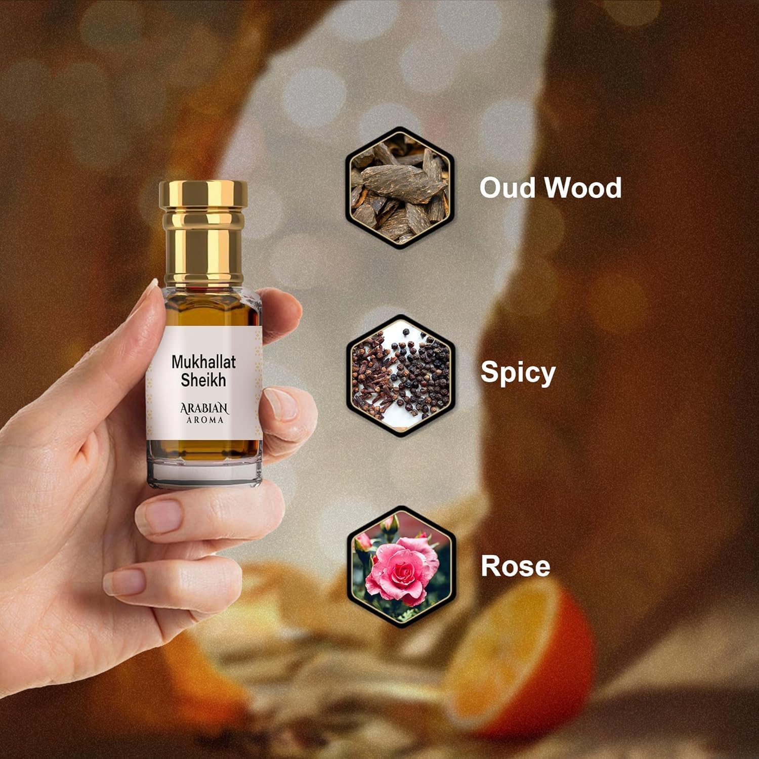 RF Arabian Mukh.allat Sheikh Attar | Woody Oud & Rose Fragrance | Alcohol-Free, Long-Lasting | 100% Pure Perfume | Ittar For Men & Women | Fresh Spicy Woody Attar for Men (6ml)