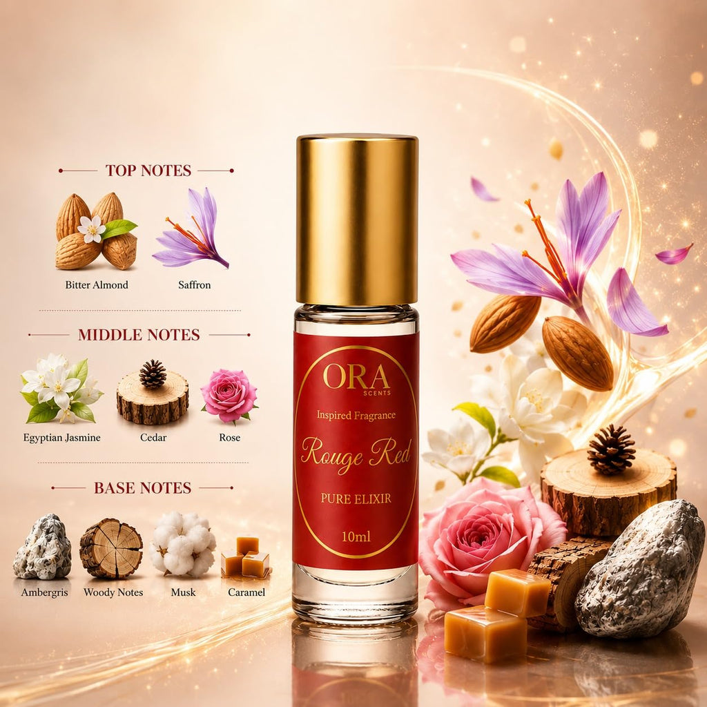ORA Scents Rouge Red Roll-On Perfume Oil 10ml - Long Lasting Alcohol-Free Fragrance Oil, Travel Size Rollerball for Women & Men - Amberwood, Jasmine & Cedar Notes