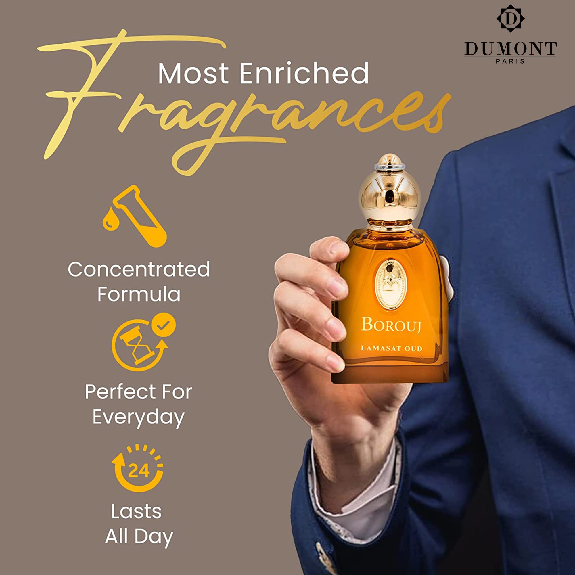 Dumont BOROUJ LAMASAT OUD - 85ml Travel Size - Arabic Inspired Unisex Perfume for Men & Women - Musky, Woody & Oriental Fragrance - Long Lasting Cologne Mist & Body Spray - for Him & Her