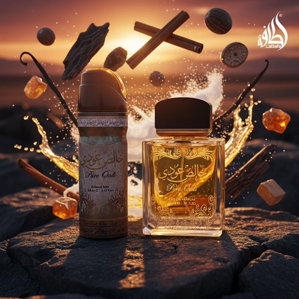 Lattafa Perfumes Pure Oudi (Khalis Oudi) 2 Piece Set for Unisex (3.4 Ounce Eau de Parfum Spray + 1.7 Ounce Perfumed Body Spray)
