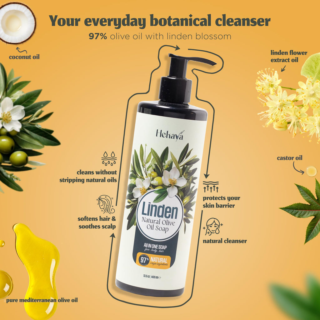 Hekaya Natural Olive Oil Liquid Soap – Linden Scent | Handmade, Vegan, Sulfate & Paraben Free | Gentle Face, Hand & Body Wash | Moisturizing Castile Cleanser | 13.5 fl oz Pump Bottle