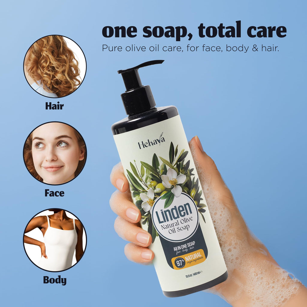 Hekaya Natural Olive Oil Liquid Soap – Linden Scent | Handmade, Vegan, Sulfate & Paraben Free | Gentle Face, Hand & Body Wash | Moisturizing Castile Cleanser | 13.5 fl oz Pump Bottle