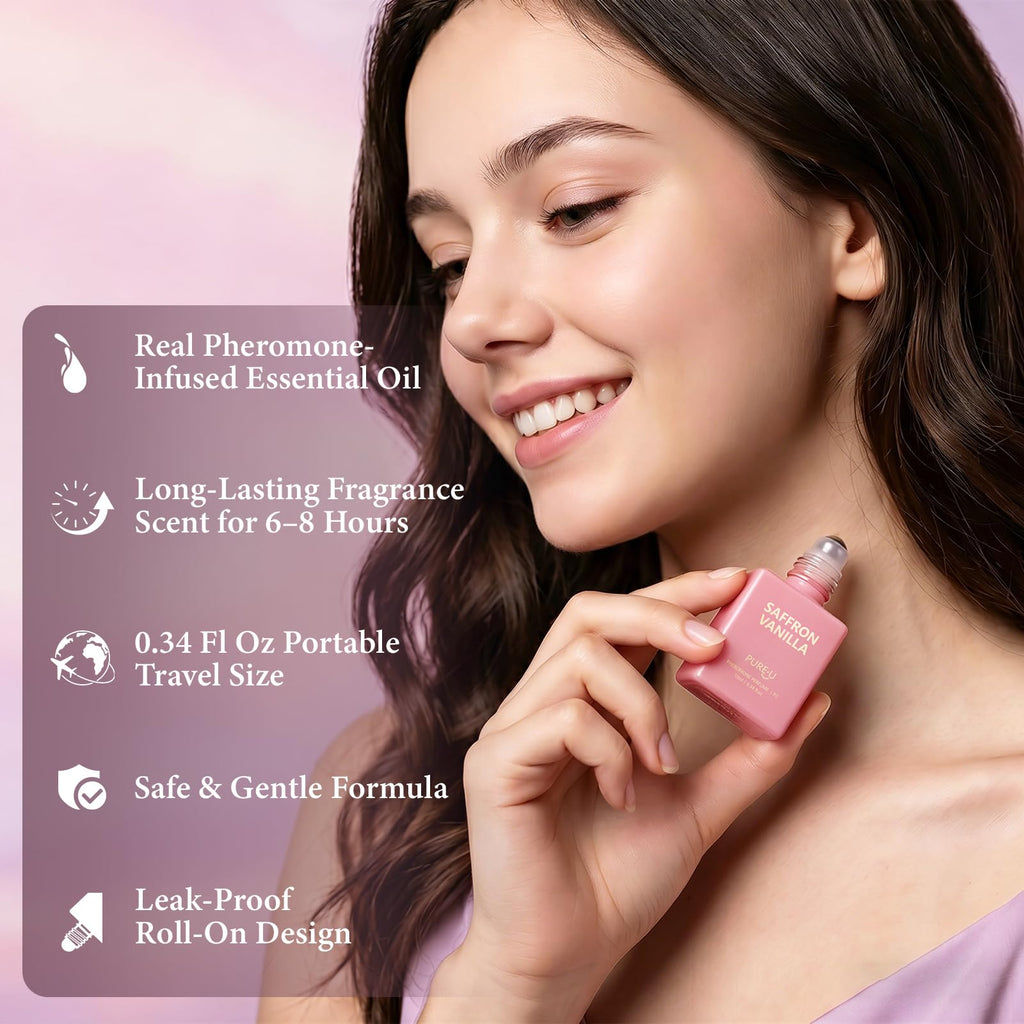 PUREU Pheromone Perfume for Women Roll On Saffron Vanilla Perfumes for Women Long Lasting Travel Size Perfume Pheromones Essential Oil Fragrance Eau De Parfum, 0.34 Fl Oz/10ml, Made in USA