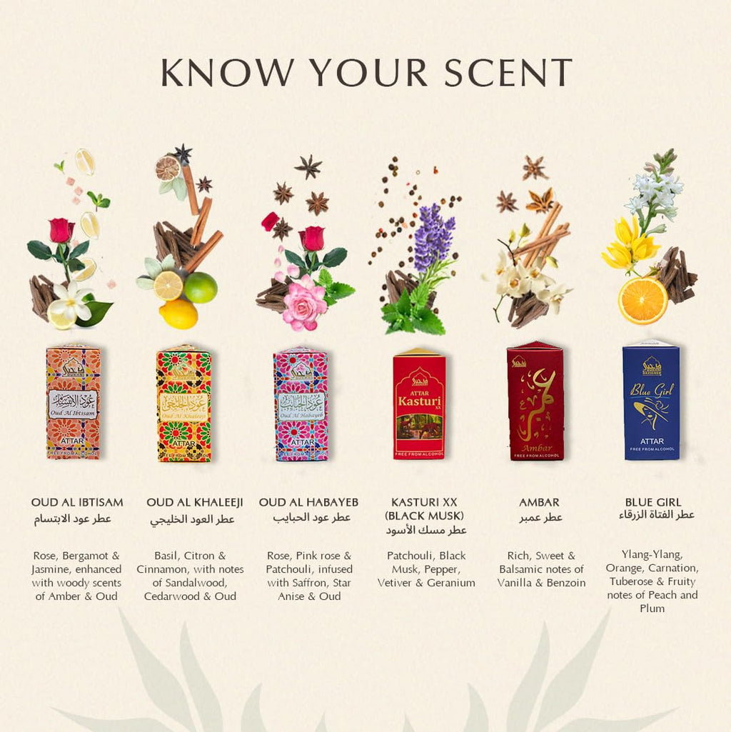 Dukhni Premiere Attar Oil Set | 6 Assorted Scents | Rollerball Perfume Oils for Men & Women | Unisex Perfume Sampler Set | Travel Size Clean Arabian Oud Fragrances | Gift Set, Non-Alcoholic & Vegan