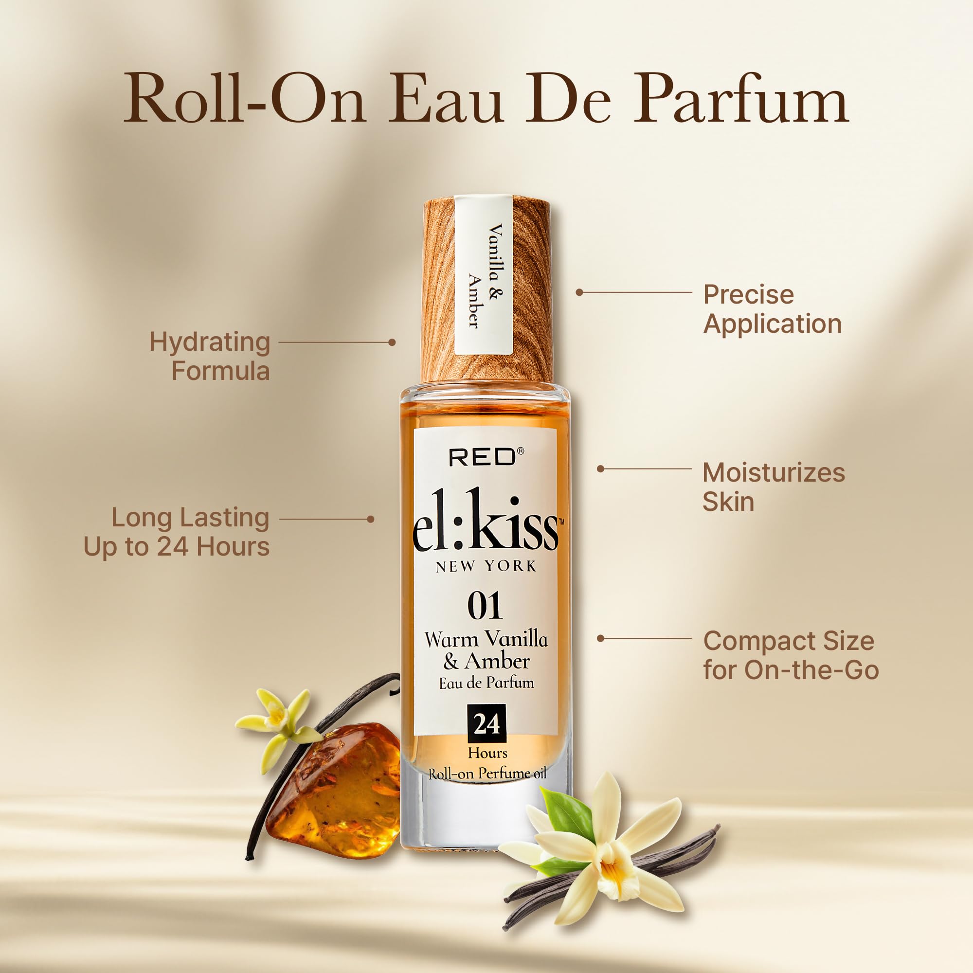 EL:KISS Roll On Perfume, Warm Vanilla & Amber Eau de Parfum 12mL (.40 Fl Oz), Hydrating & Long-Lasting, Alcohol-Free & Mineral Oil-Free, Infused with Jojoba, Argan & Coconut Oil