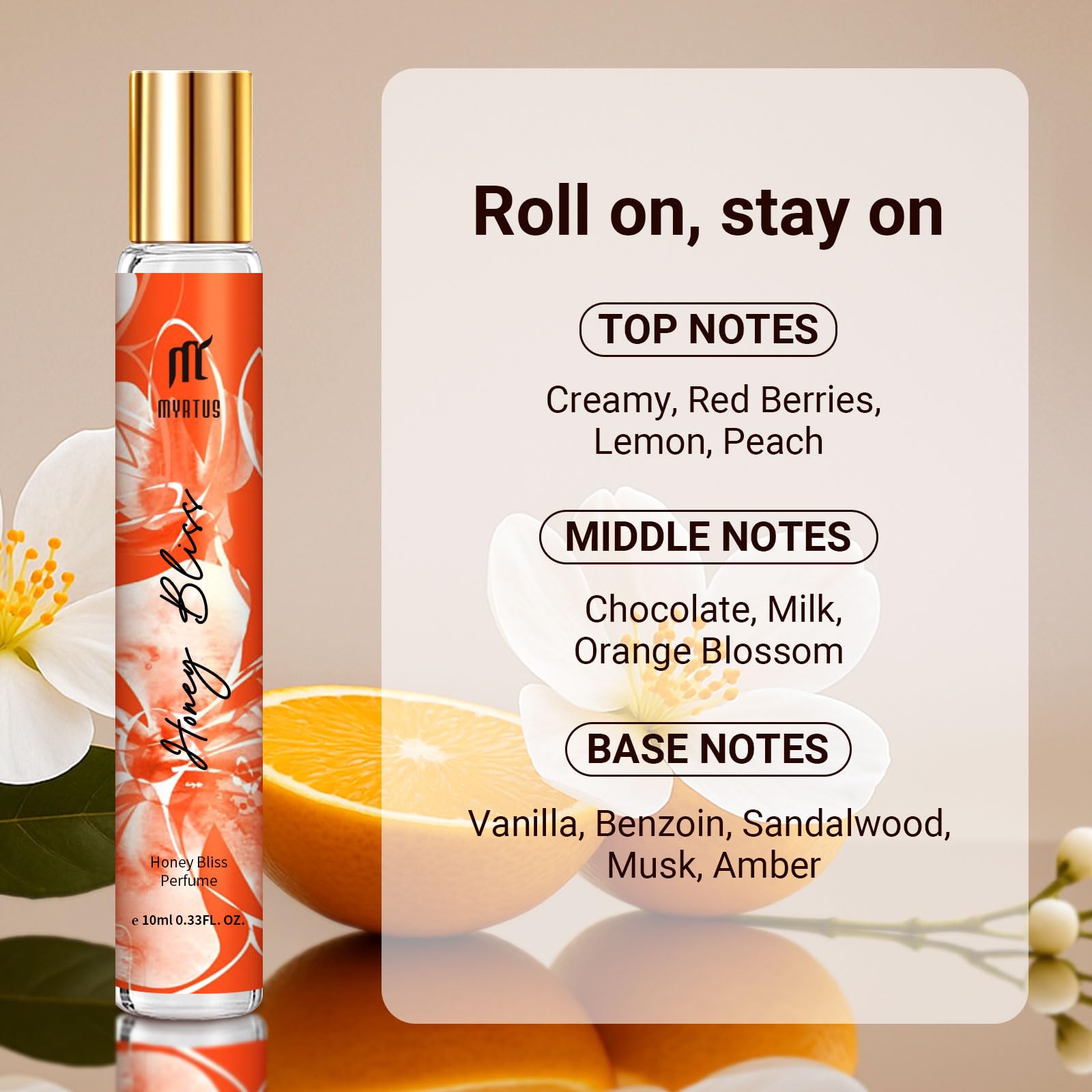 MYRTUS Long Lasting Perfume for Women, 0.33 fl.oz Gourmand Oriental Fragrance in Glass Bottle, Portable Roll On Eau de Parfum for Day & Night Alcohol Free Perfumes