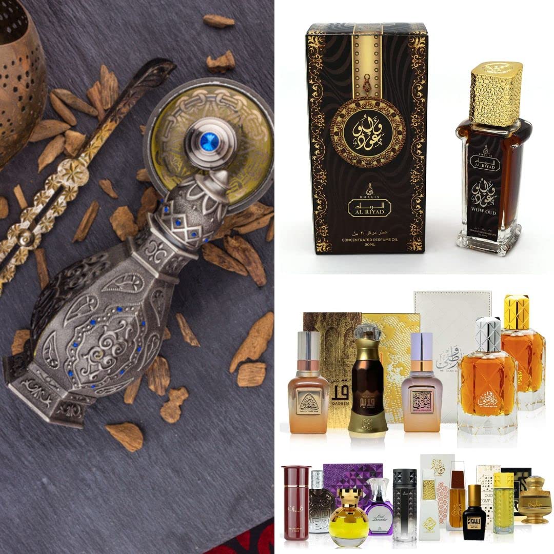 Maison d'Orient WOW OUD Roll-On Attar and Ahmad Al Maghribi Perfume Samples (The Oud Experience) featuring 15 spray oud fragrances.
