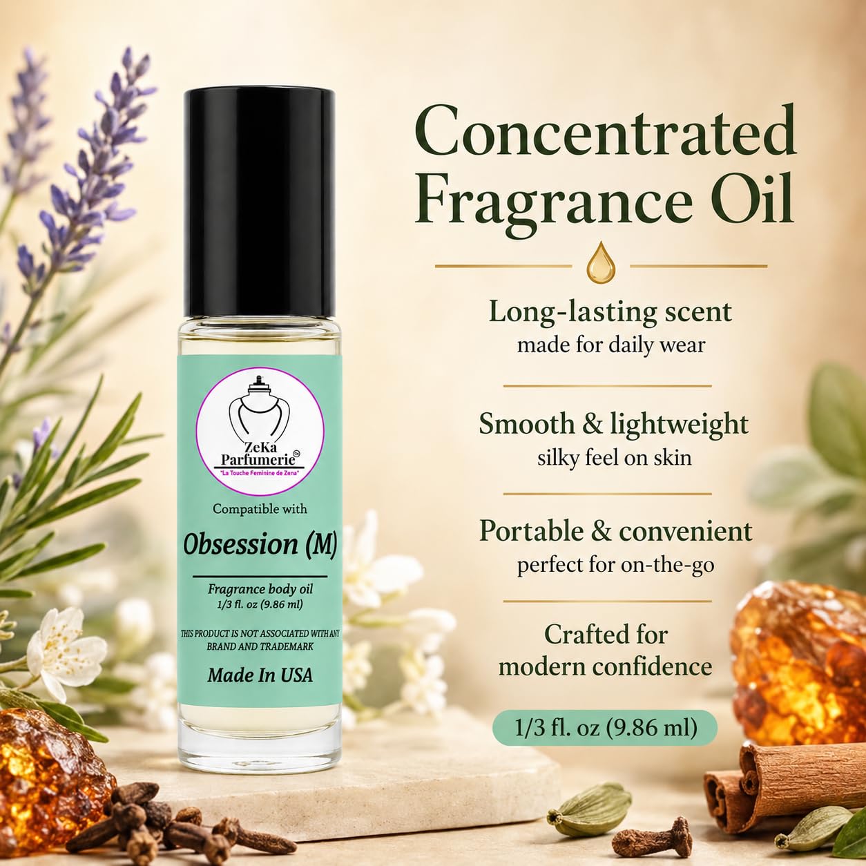 ZEKA PARFUMERIE Ombre Nomade Perfume Oil | Long-Lasting Unisex Fragrance Body Oil | Alcohol-Free Roll-On | 1/3 Fl Oz (9.86 mL) Made in USA