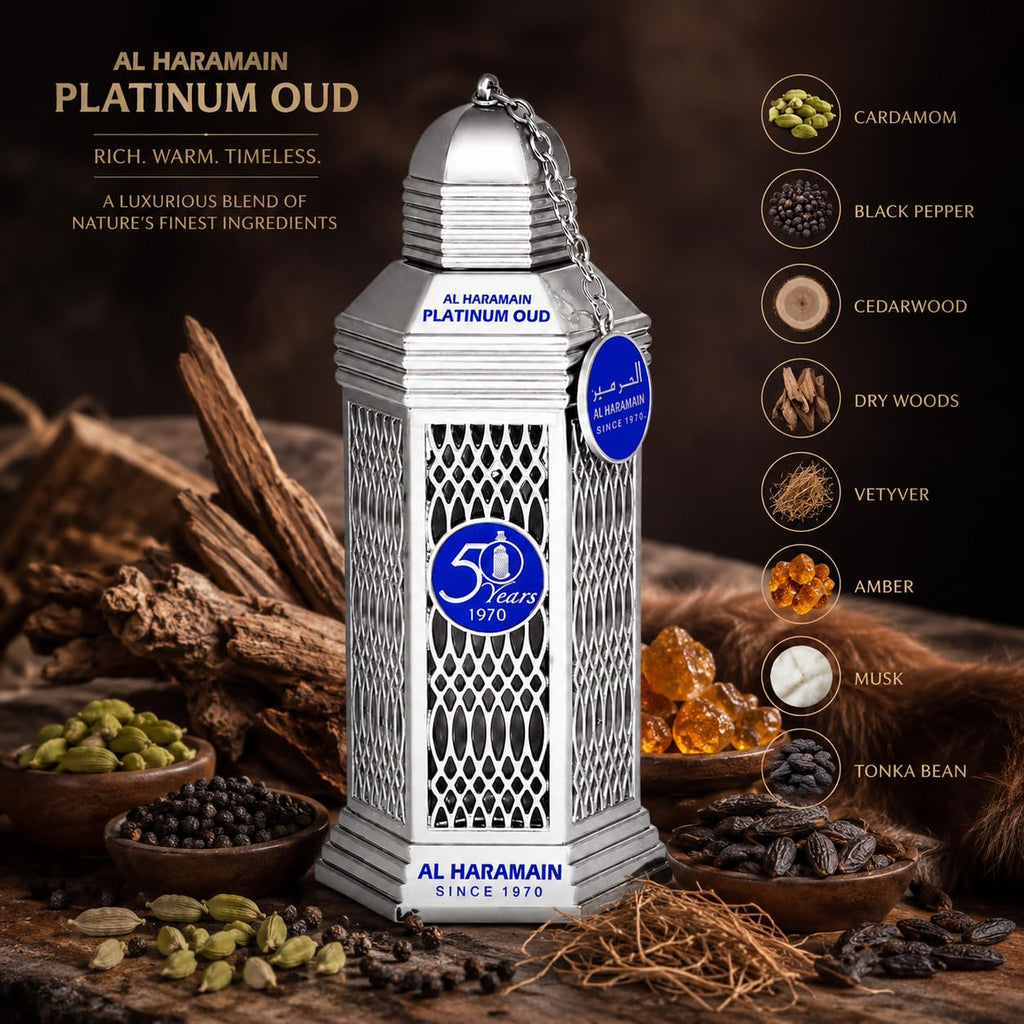 Al Haramain 50 Years Platinum Oud for Unisex Eau de Parfum Spray, 3.4 Ounce Limited Edition