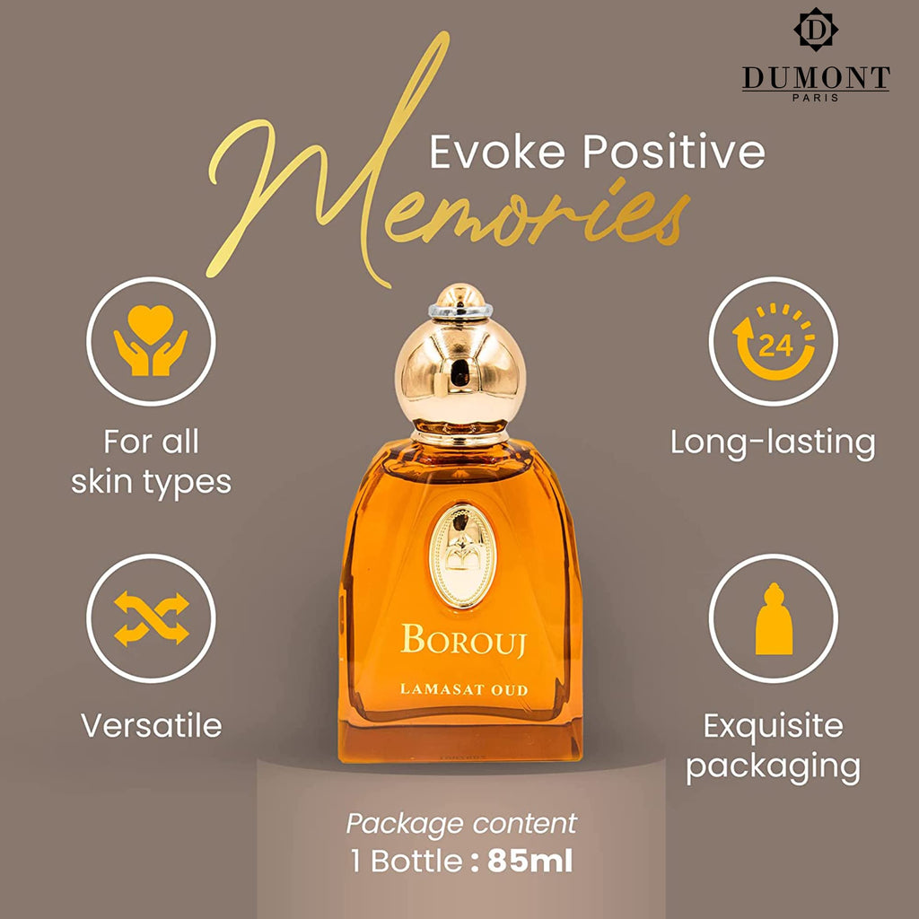 Dumont BOROUJ LAMASAT OUD - 85ml Travel Size - Arabic Inspired Unisex Perfume for Men & Women - Musky, Woody & Oriental Fragrance - Long Lasting Cologne Mist & Body Spray - for Him & Her