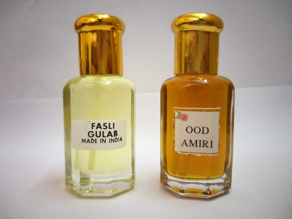 DImraj Creations Rose (Gulab Fasli) and Oud (Oudh, Ood) Attar/Ittar concentrated Perfume Oil - 10+10 ml Rose Fragrance and Oud Aroma Combo