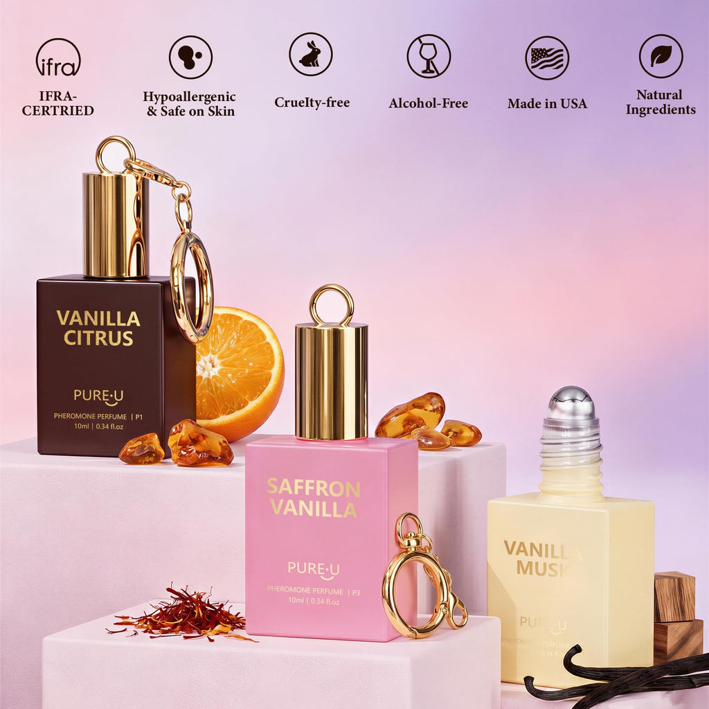 PUREU Pheromone Perfume for Women Roll On Saffron Vanilla Perfumes for Women Long Lasting Travel Size Perfume Pheromones Essential Oil Fragrance Eau De Parfum, 0.34 Fl Oz/10ml, Made in USA