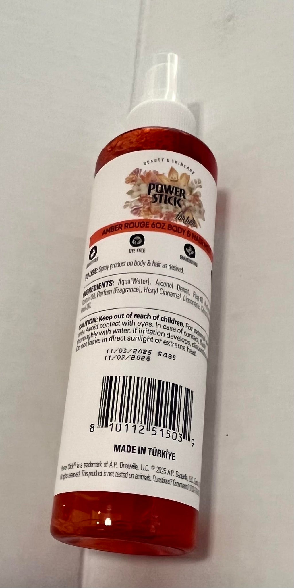 Power Stick Amber Rouge Body & Hair Mist with Jasmine, Saffron & Amberwood, 6 fl oz