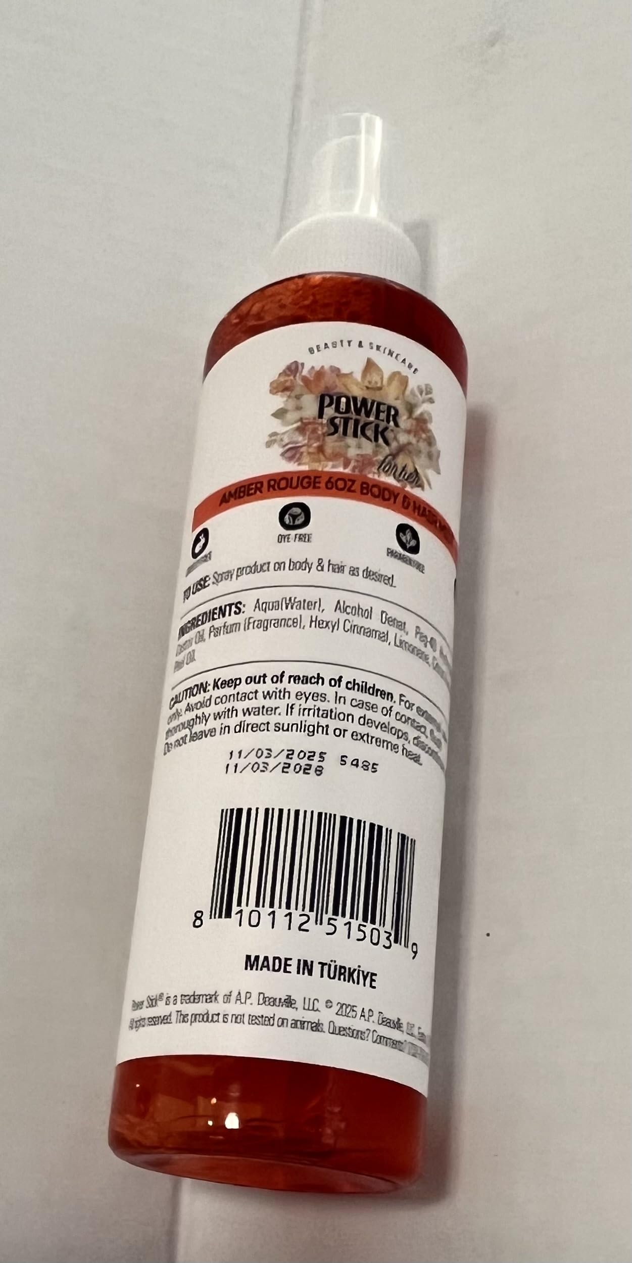 Power Stick Amber Rouge Body & Hair Mist with Jasmine, Saffron & Amberwood, 6 fl oz