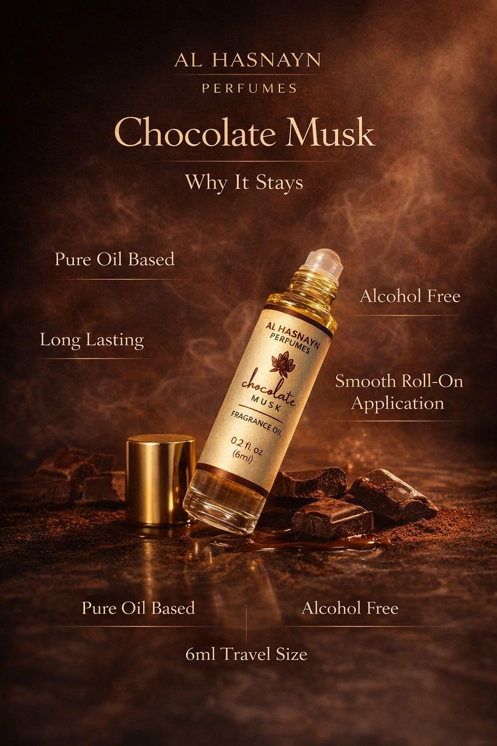AL-HASNAYN Chocolate musk Fragrance Oil Roll-On Perfume 0.20 fl oz(6ml) |Rollerball perfume |Alcohol free| Long Lasting | Gifts for men women|