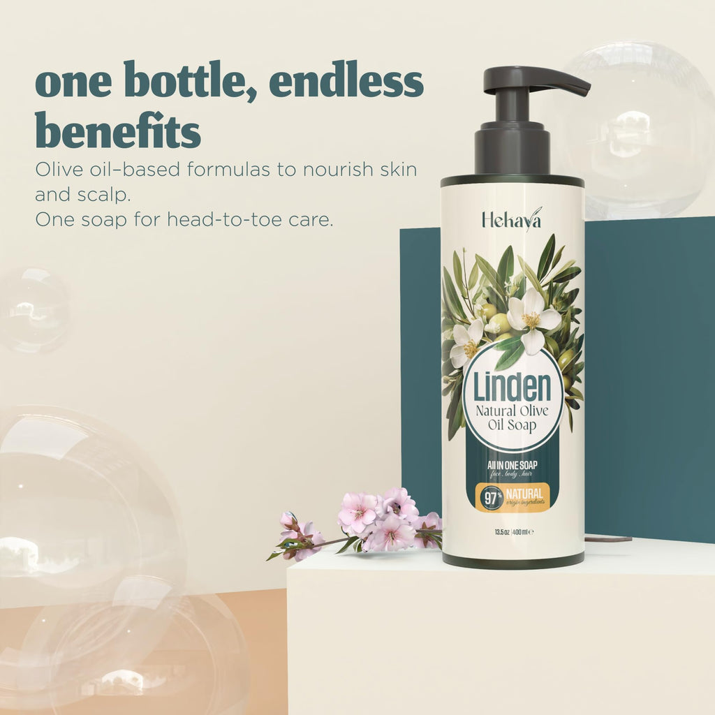 Hekaya Natural Olive Oil Liquid Soap – Linden Scent | Handmade, Vegan, Sulfate & Paraben Free | Gentle Face, Hand & Body Wash | Moisturizing Castile Cleanser | 13.5 fl oz Pump Bottle