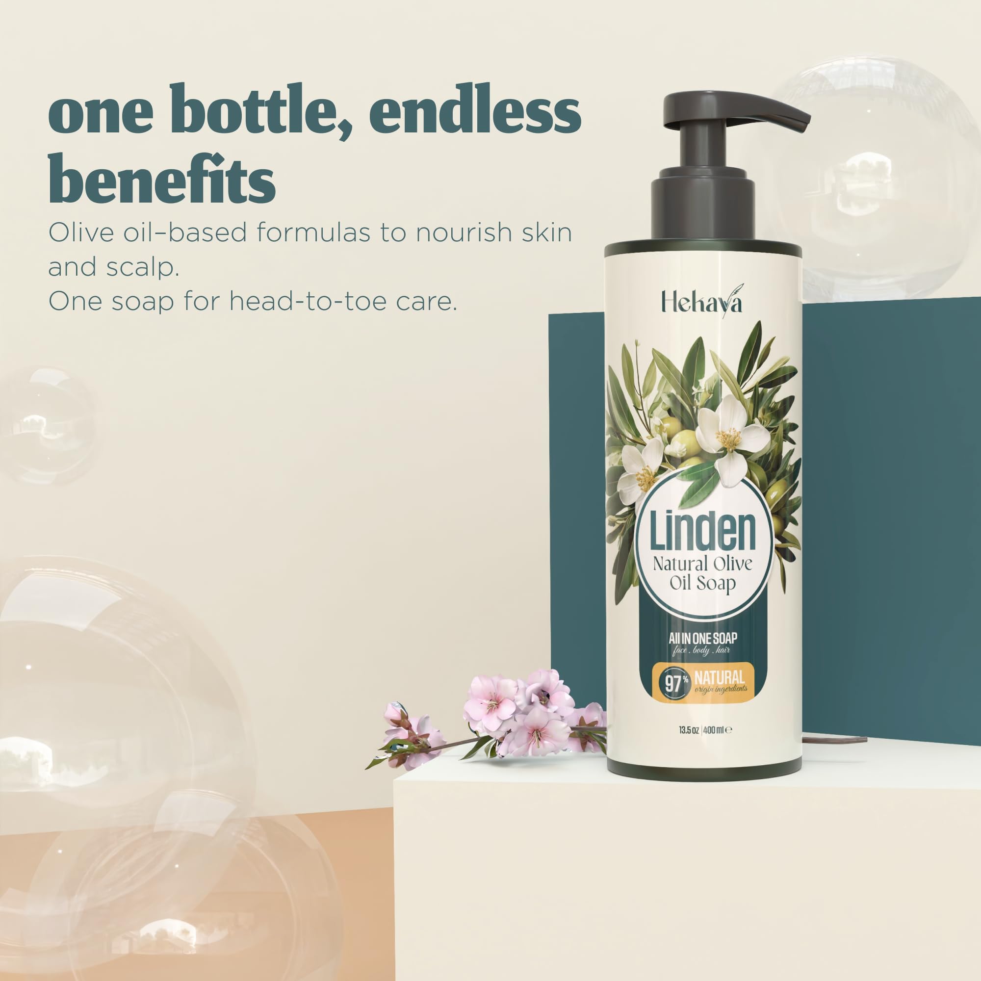 Hekaya Natural Olive Oil Liquid Soap – Linden Scent | Handmade, Vegan, Sulfate & Paraben Free | Gentle Face, Hand & Body Wash | Moisturizing Castile Cleanser | 13.5 fl oz Pump Bottle