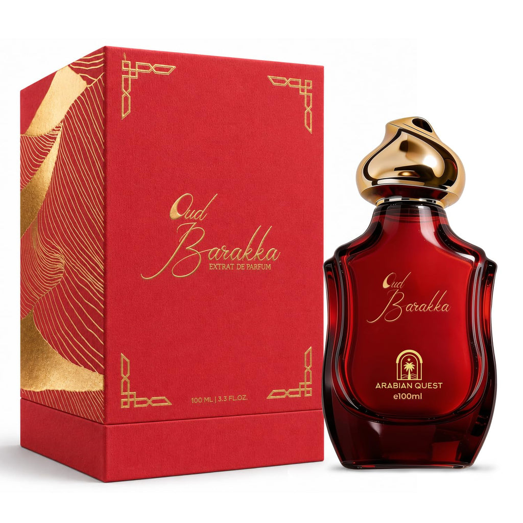 ARABIAN QUEST OUD BARAKKA Extrait de Parfum 100ml (3.3 Fl Oz) | Long-Lasting Niche Unisex Floral Woody Oriental Fragrance with Bulgarian Rose, Guaiac Wood & Agarwood