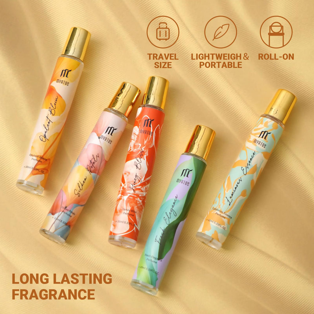 MYRTUS Long Lasting Perfume for Women, 0.33 fl.oz Gourmand Oriental Fragrance in Glass Bottle, Portable Roll On Eau de Parfum for Day & Night Alcohol Free Perfumes