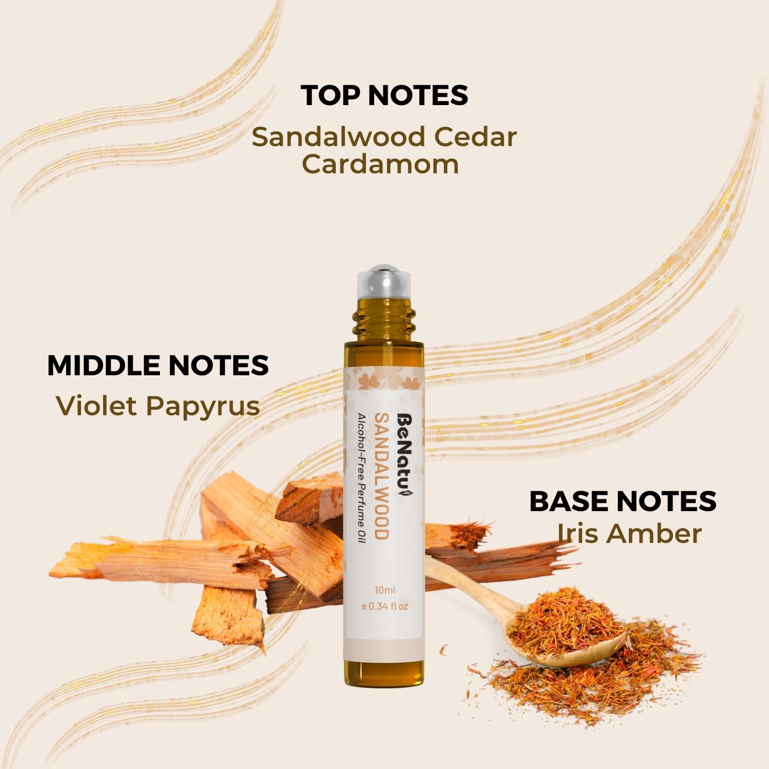benatu Sandalwood Perfume Oil Roll On for Women and Men, Alcohol Free Eau de Parfum,Travel Size Essential Oil Body Fragrance, Long Lasting, Leather Woody Scent, 10 ml