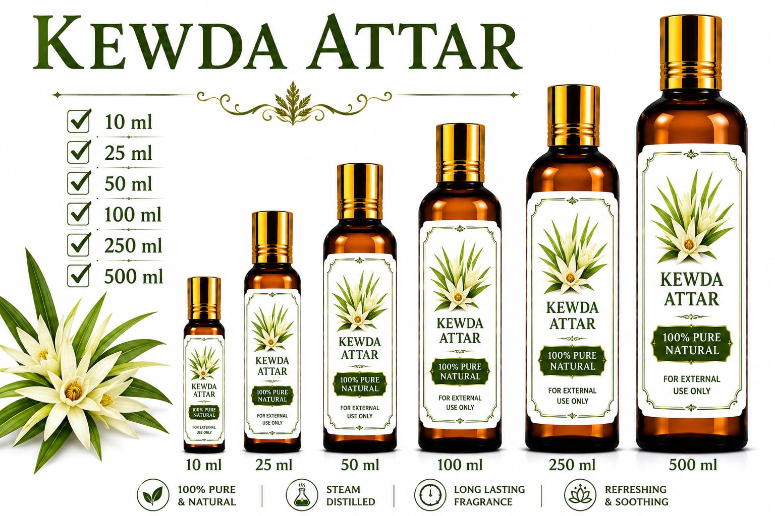 Ganesha Arts Kewda Attar Perfume Oil | Premium Alcohol Free Fragrance, 10 ML