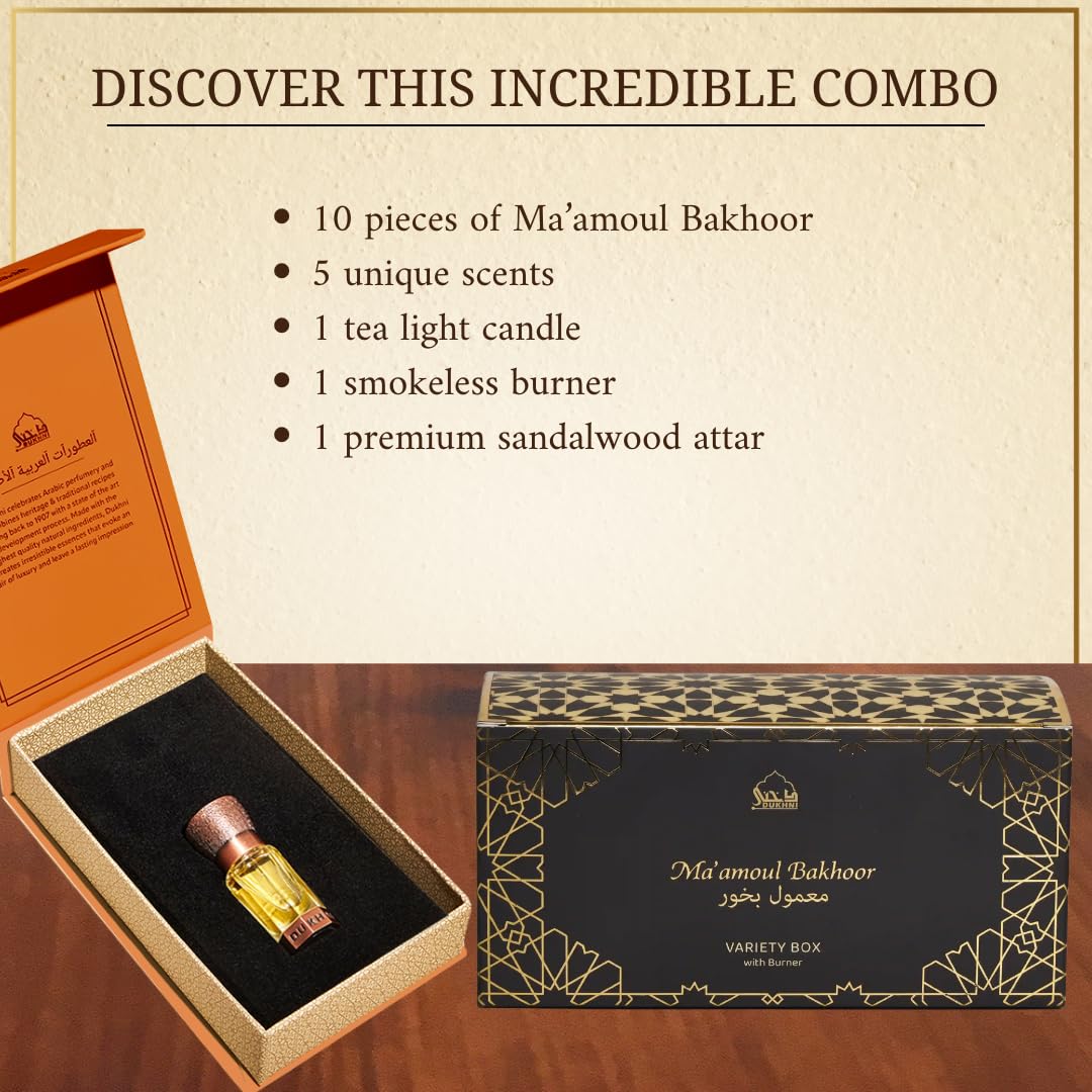 Maamoul Bakhoor Variety Box with Burner & Sandalia Attar by Dukhni | Arabic Incense & Sandalwood Fragrance Oil | Gift Sets | Luxurious Long-Lasting Assorted Scents | العطار العربي | دخني عود بخور