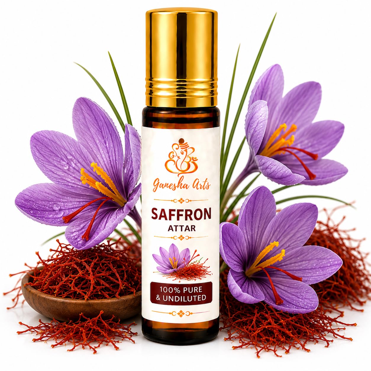 Ganesha Arts Saffron Attar Perfume Oil | Premium Alcohol Free Fragrance, 10 ML