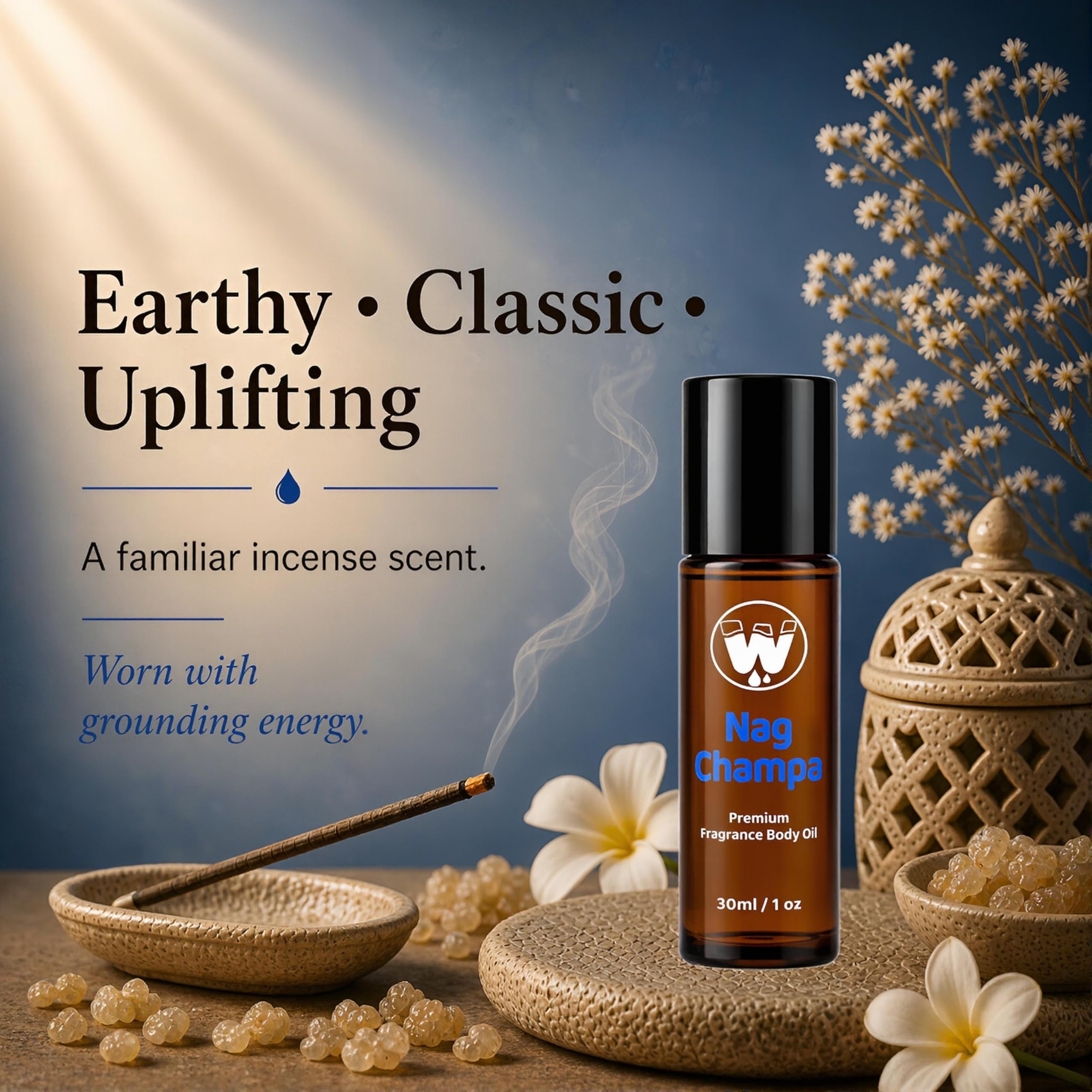 WagsMarket - Nag Champa Perfume Oil, from 0.33oz Roll On to 4oz Glass Bottle (1oz Roll-On)