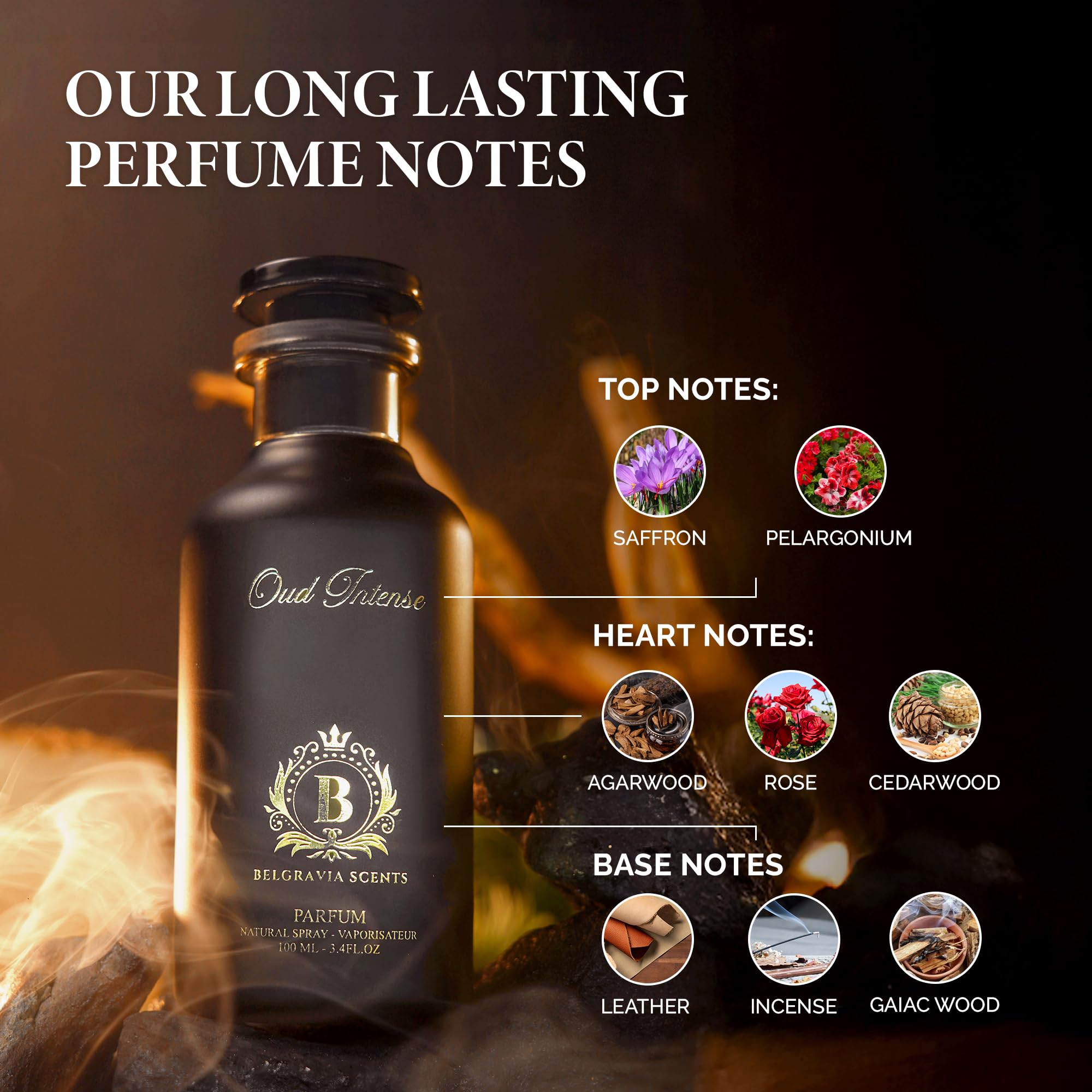 Belgravia Scents Oud Intense Unisex Eau De Parfum 100ml (3.4 oz) - Long-Lasting Fragrance For Men & Women Premium Oil-Based Saffron Cologne With Oud & Rose Luxury Arabian Perfume EDP