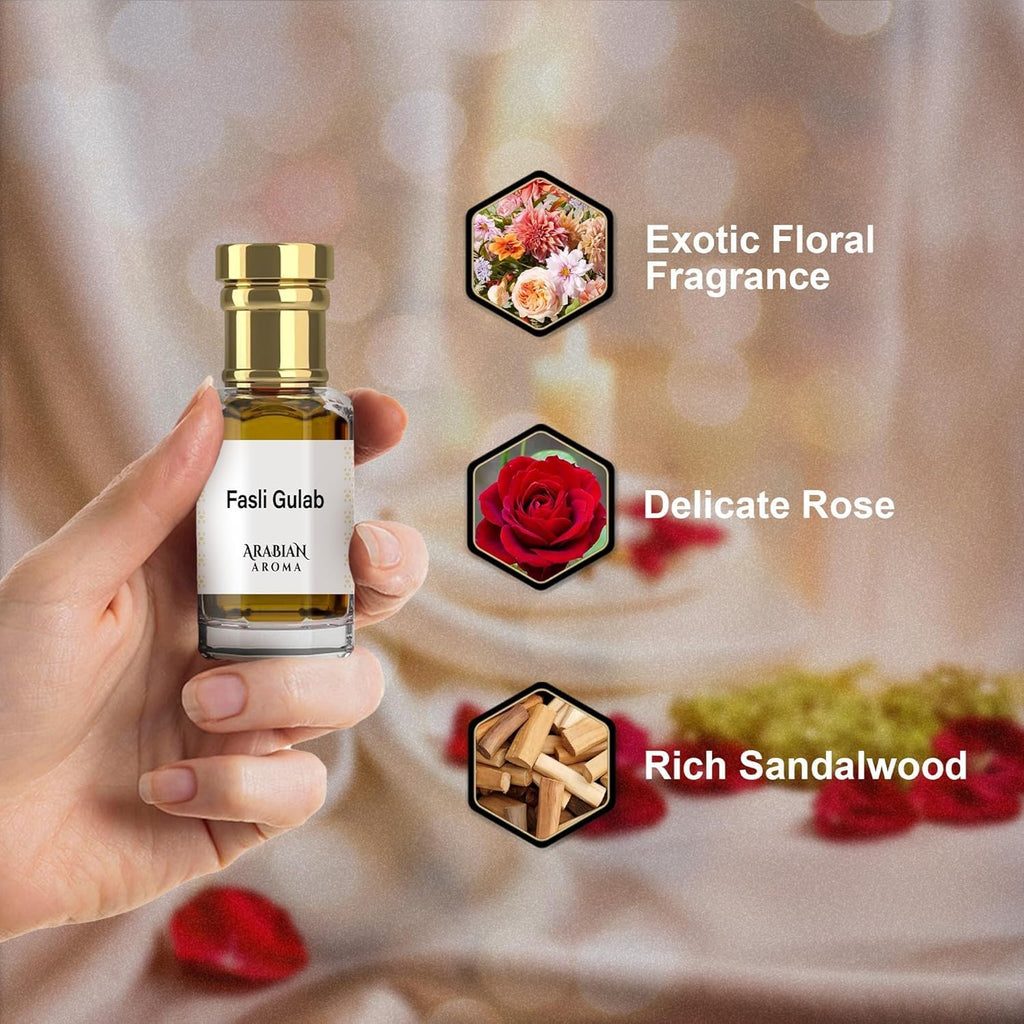 RF Arabian Aroma Fasli Gulab Attar | Traditional Indian Red Rose Perfume Fragrance | Long-Lasting Oil-Based Attar for Men & Women | 100% Pure Rose Essence Perfume | Alcohol Free (6ml)