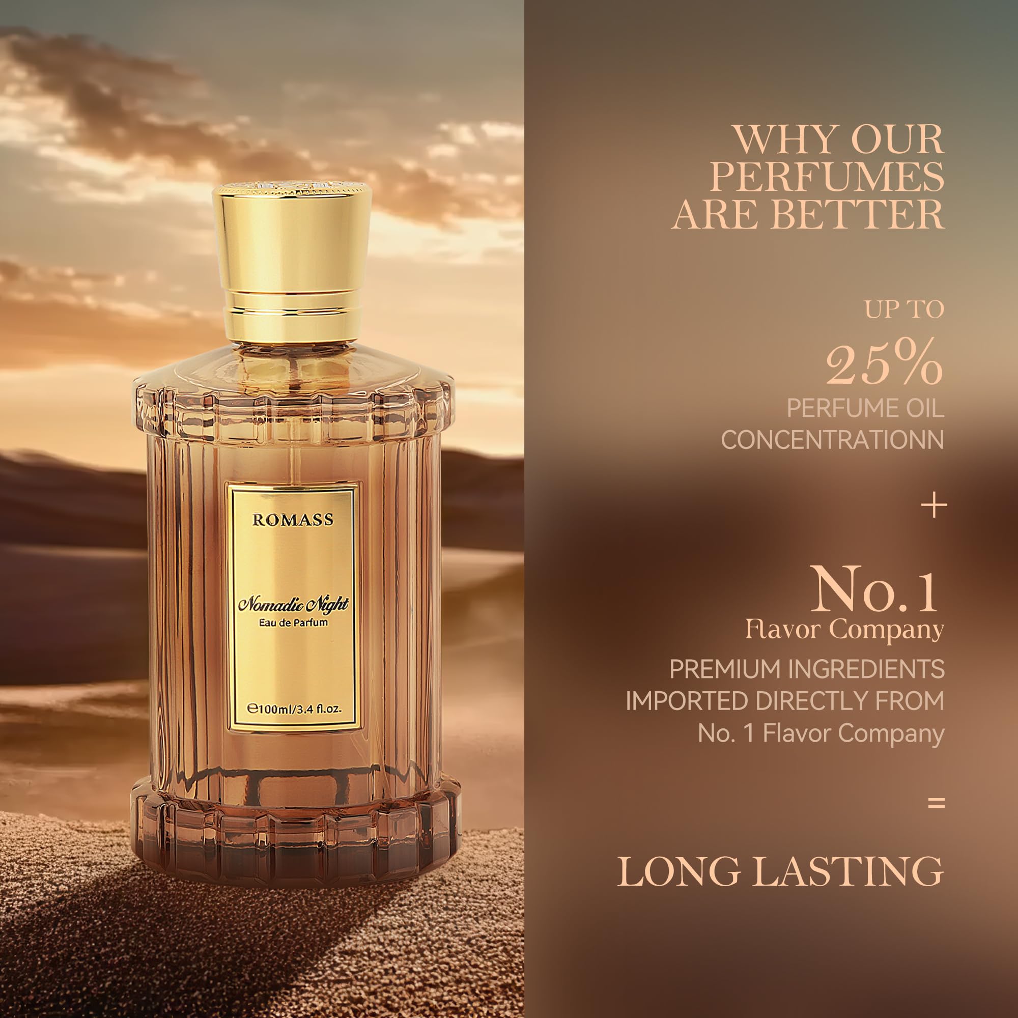 ROMASS Nomadic Night Long Lasting Unisex Oud Perfume - 3.4oz/100ml Eau de Parfum, Warm Woody Scent with Smoked Oud, Desert Sage, Rose & Raspberry, Gift for Men Women