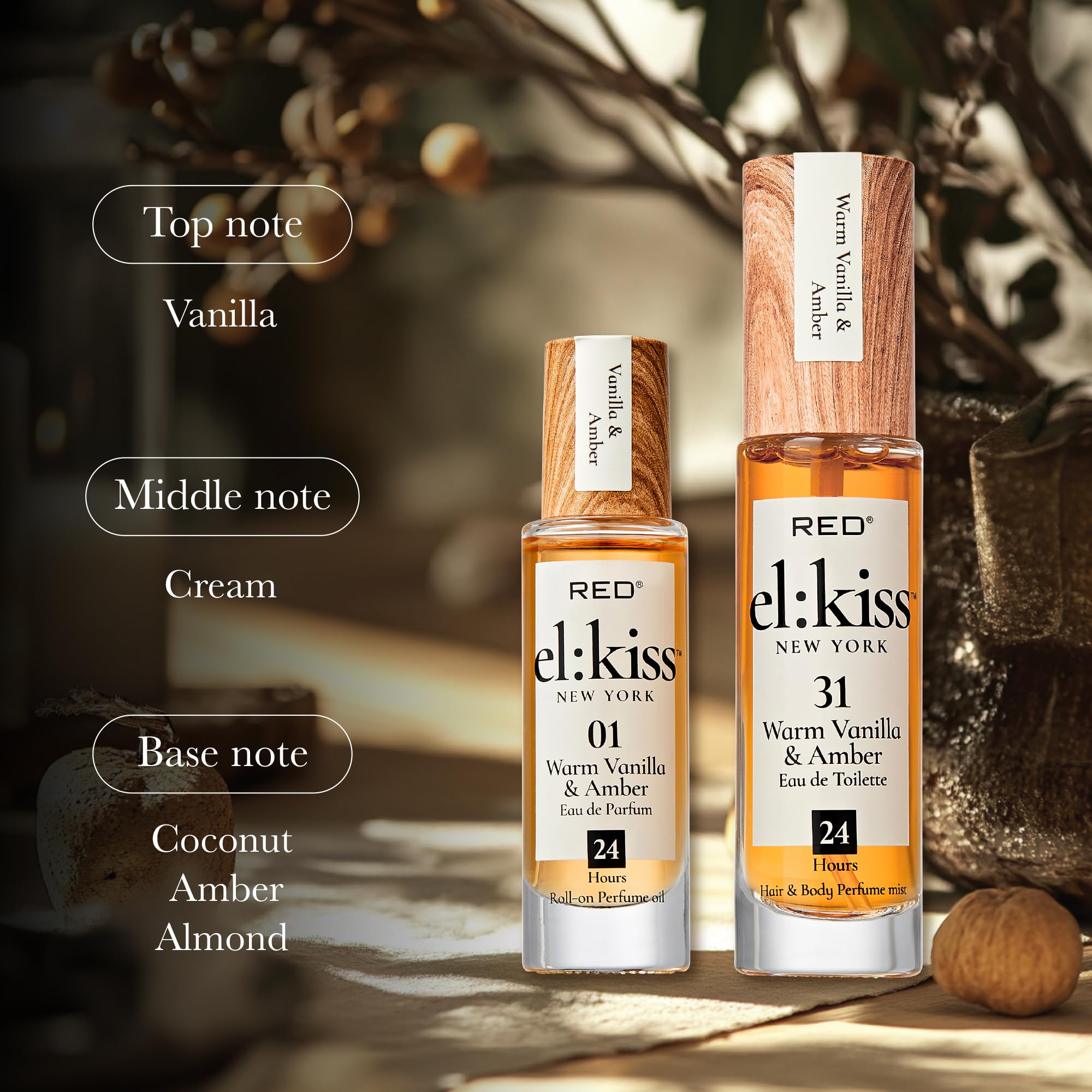 EL:KISS Roll On Perfume, Warm Vanilla & Amber Eau de Parfum 12mL (.40 Fl Oz), Hydrating & Long-Lasting, Alcohol-Free & Mineral Oil-Free, Infused with Jojoba, Argan & Coconut Oil