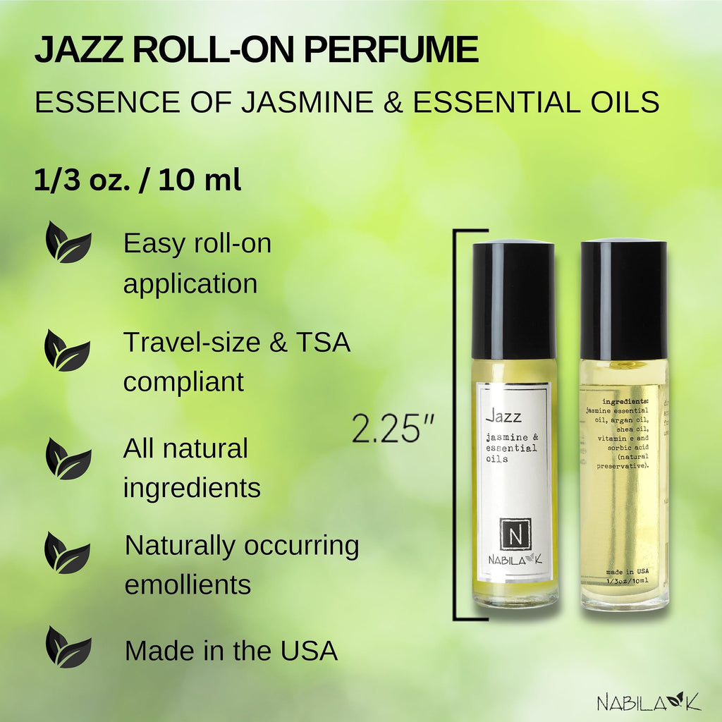 Nabila K Jazz Jasmine Roll-On Perfume Oil for Women | Alcohol-Free, Organic, Long-Lasting Fragrance | Travel Size, TSA Approved | 0.33 oz