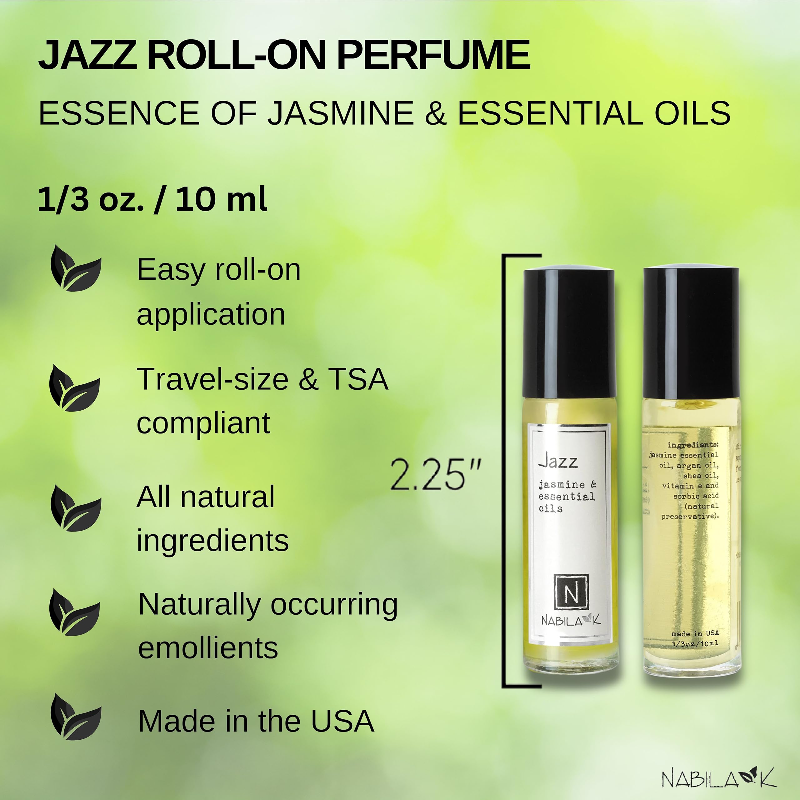 Nabila K Jazz Jasmine Roll-On Perfume Oil for Women | Alcohol-Free, Organic, Long-Lasting Fragrance | Travel Size, TSA Approved | 0.33 oz