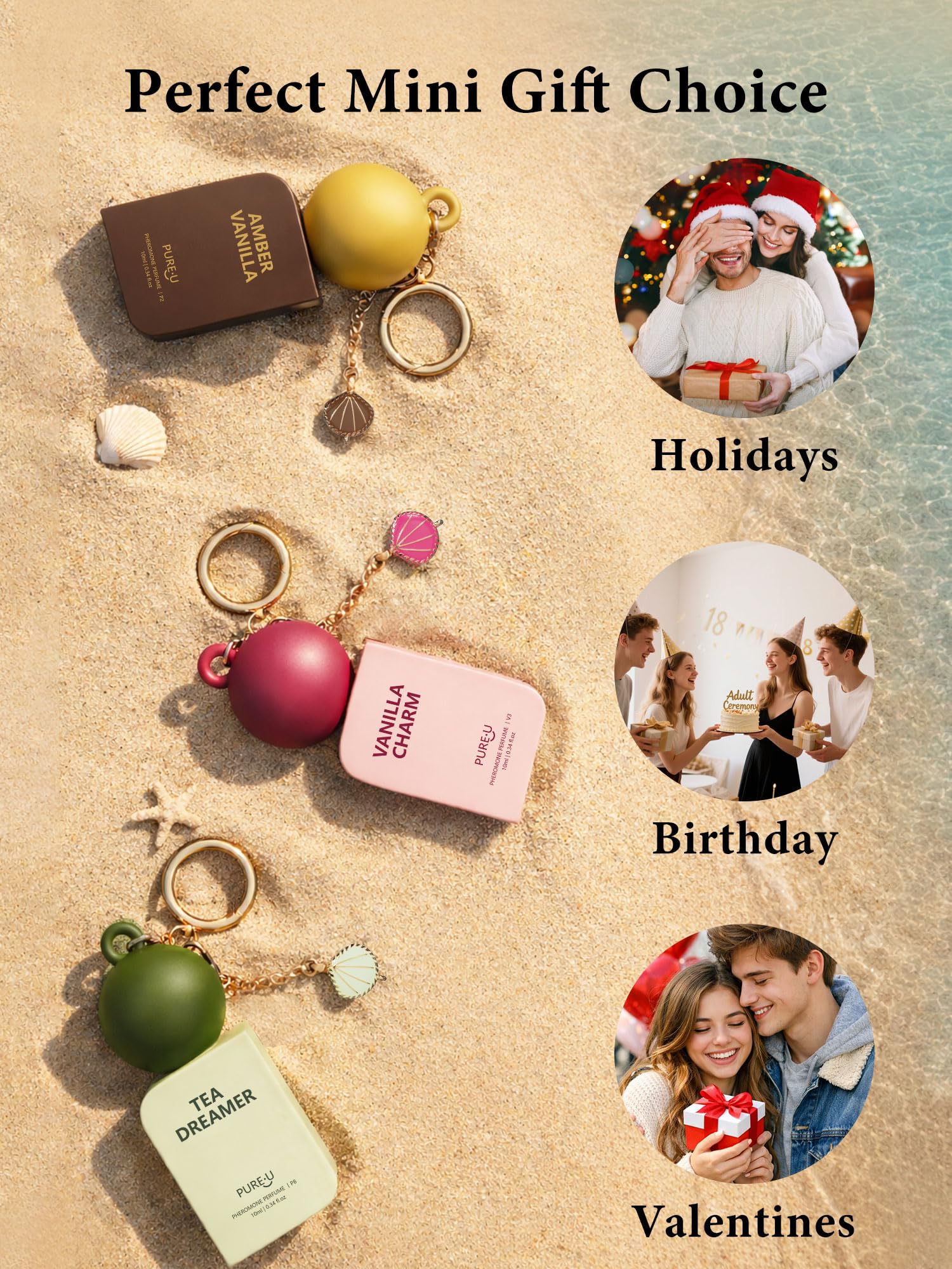 PUREU Amber Vanilla Pheromone Perfume Oil for Women, Long Lasting Extrait de Parfum Roll On with Clip-on Keychain, Alcohol Free Portable Travel Size Fragrance for Date Night & On-the-Go, 0.34 Fl OZ