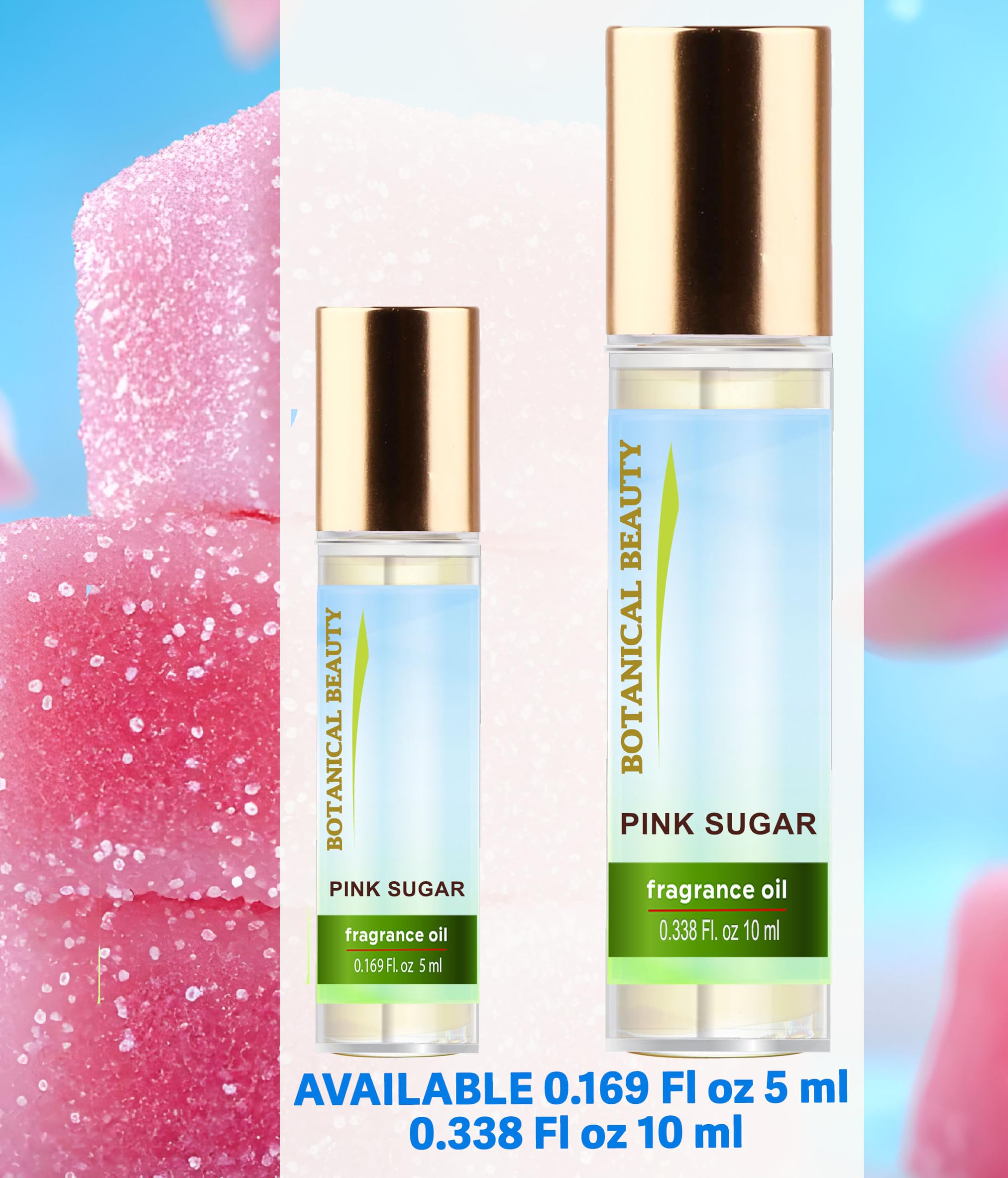 Botanical Beauty PINK SUGAR FRAGRANCE OIL ROLL-ON Rollerball Perfume, Long Lasting an luxury scent blend of Lemon, Orange, Jasmine, Rose, Lily of the Valley, Sugary Vanilla (0.338 Fl Oz 10 ml)