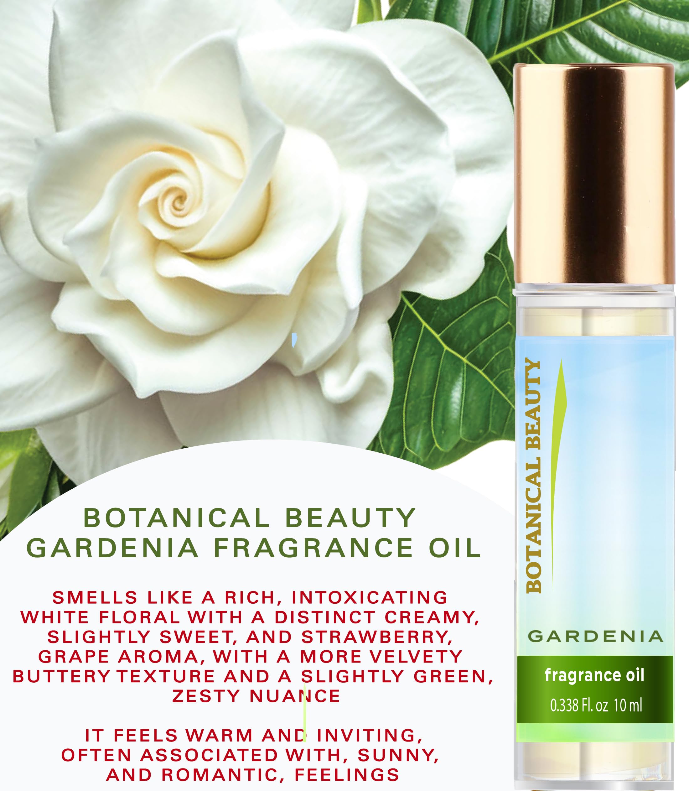 Botanical Beauty GARDENIA FRAGRANCE OIL ROLL-ON 0.169 Fl Oz 5 ml Rollerball Perfume, Long Lasting an luxury scent of blend of Lily of the Valley, Jasmine, Gardenia Blossom, Strawberry, Grape