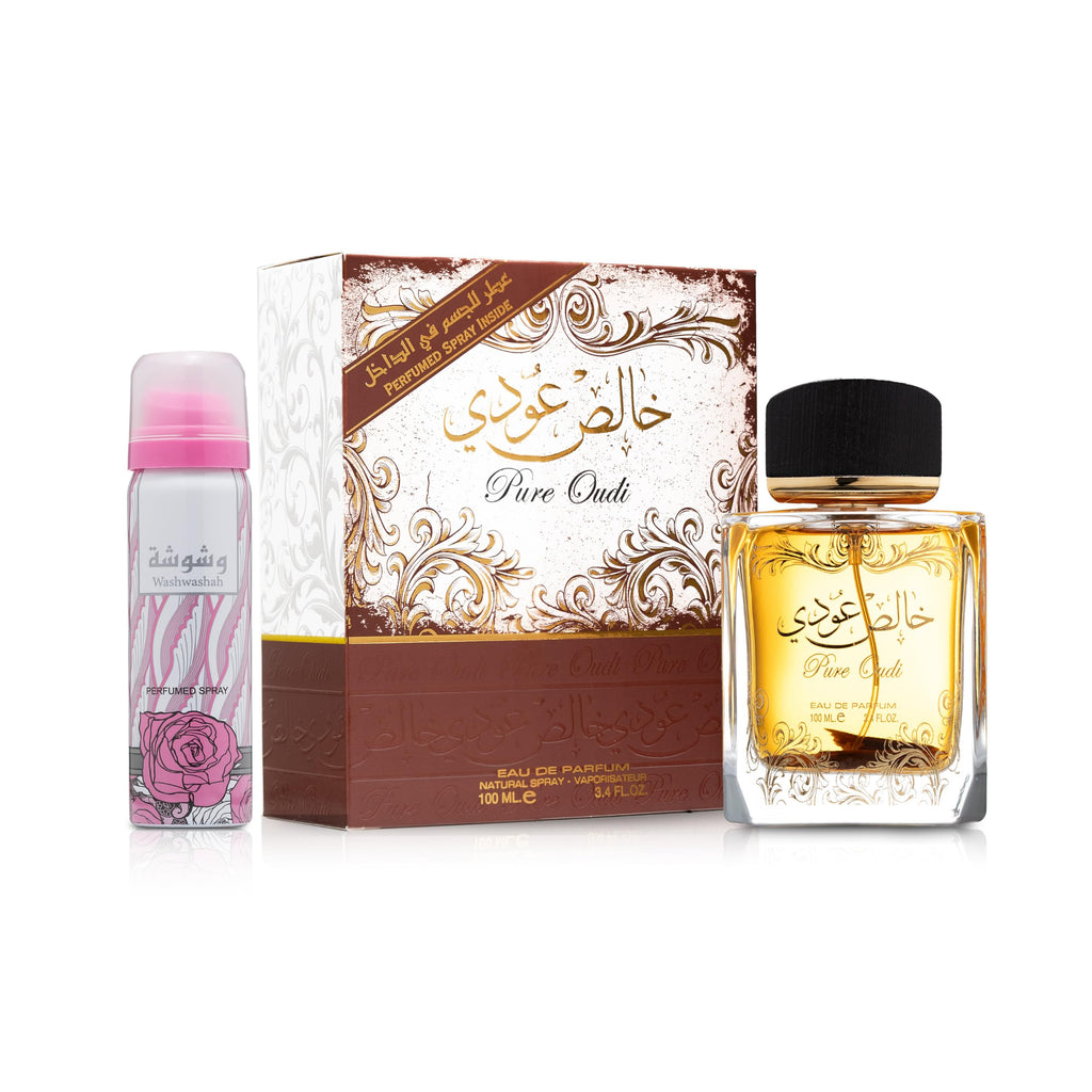 Lattafa Perfumes Pure Oudi (Khalis Oudi) 2 Piece Set for Unisex (3.4 Ounce Eau de Parfum Spray + 1.7 Ounce Perfumed Body Spray)