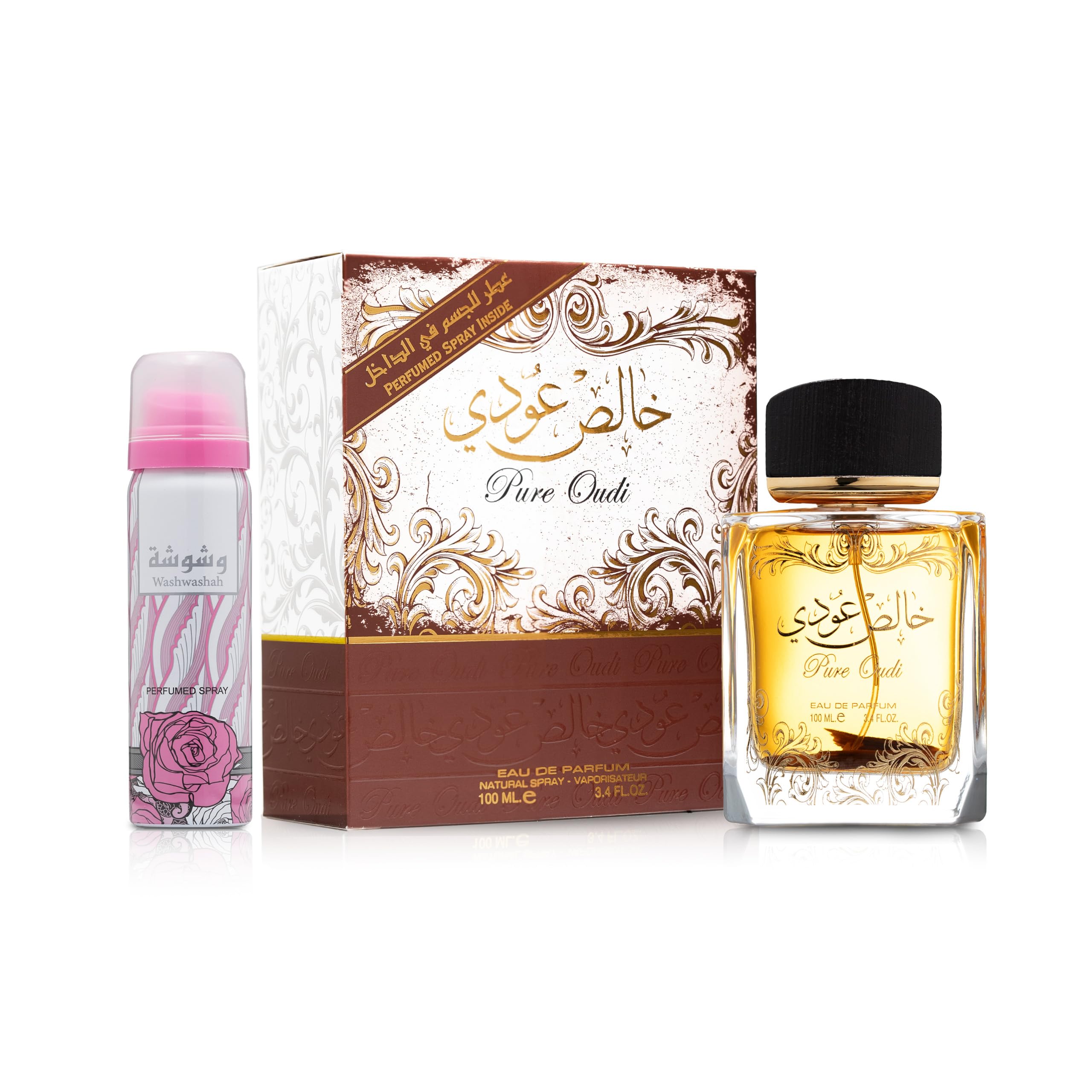 Lattafa Perfumes Pure Oudi (Khalis Oudi) 2 Piece Set for Unisex (3.4 Ounce Eau de Parfum Spray + 1.7 Ounce Perfumed Body Spray)