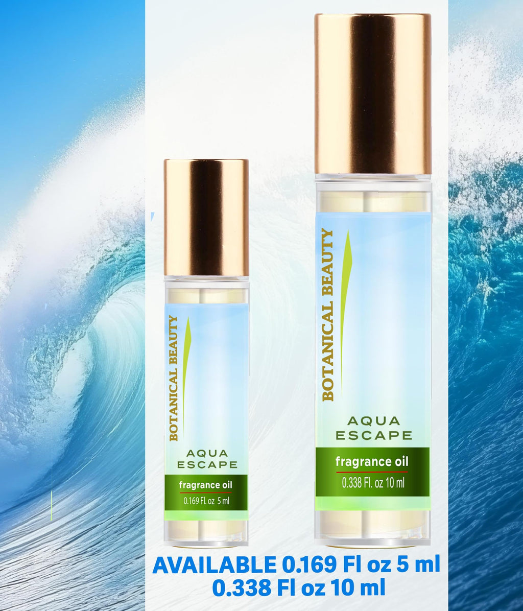 Botanical Beauty AQUA ESCAPE FRAGRANCE OIL ROLL-ON 0.338 Fl Oz 10 ml Rollerball Perfume, Long Lasting an luxury scent, blends of Ocean, Clean Water, Sea Spray, Sunstone, Salty, Sea Salt, Marine Musk